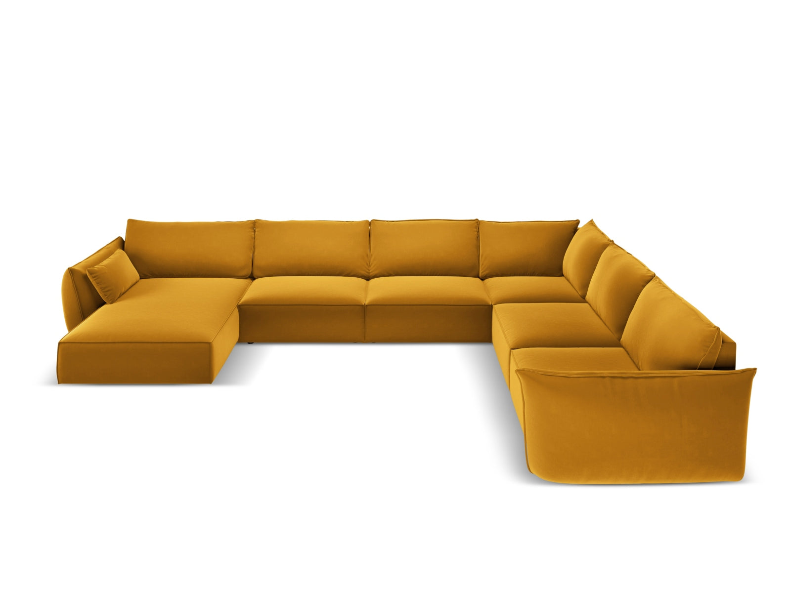 Elegantes Kaelle Velour Panoramic Ecksofa rechts, 8 Sitzer in stilvollem Gelb-Blau, ideal für moderne Wohnräume.