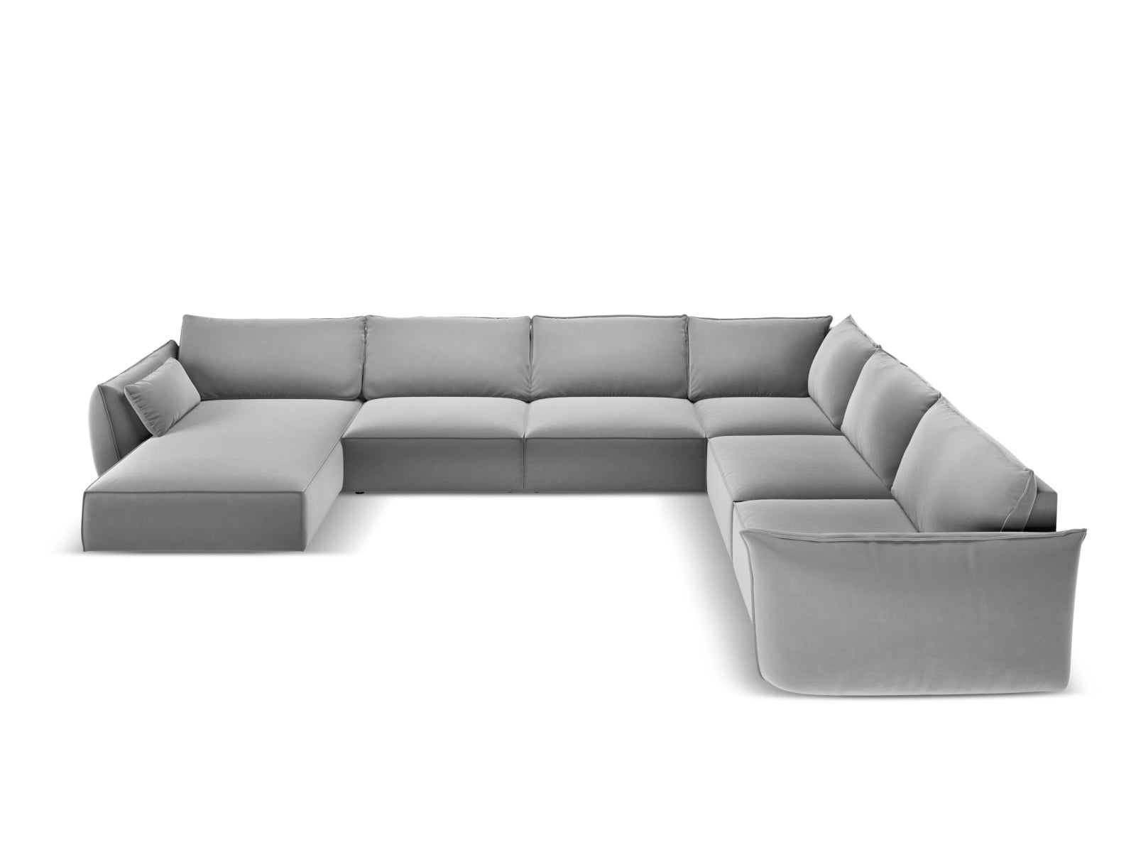 Elegantes Kaelle Velour Panoramic Ecksofa rechts für 8 Personen in stilvollem Grau-Blau, ideal für moderne Wohnräume.