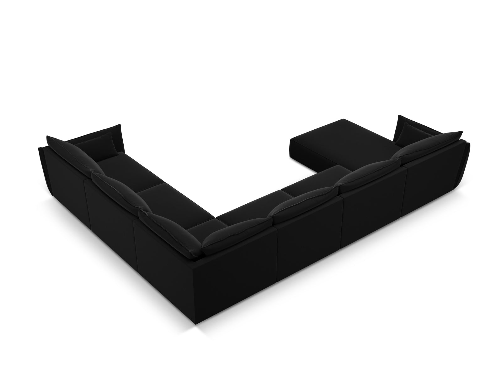 Luxuriöses Kaelle Velour Panoramic Ecksofa rechts für 8 Personen in edlem Black-Bluvel, perfekt für stilvolle und komfortable Wohnbereiche.
