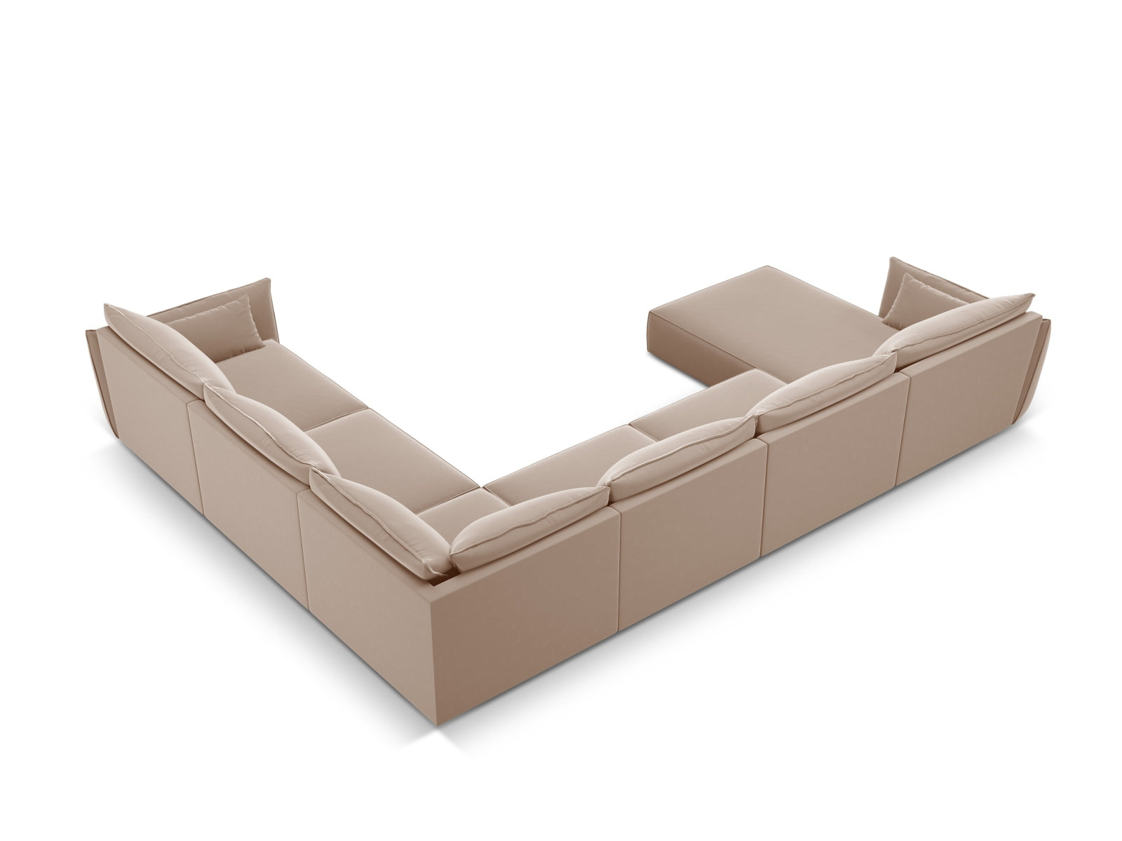 Elegantes Kaelle Velour Panoramic Ecksofa rechts, 8 Sitzer in warmen Beige- und Brauntönen, perfekt für gemütliche Wohnzimmer.