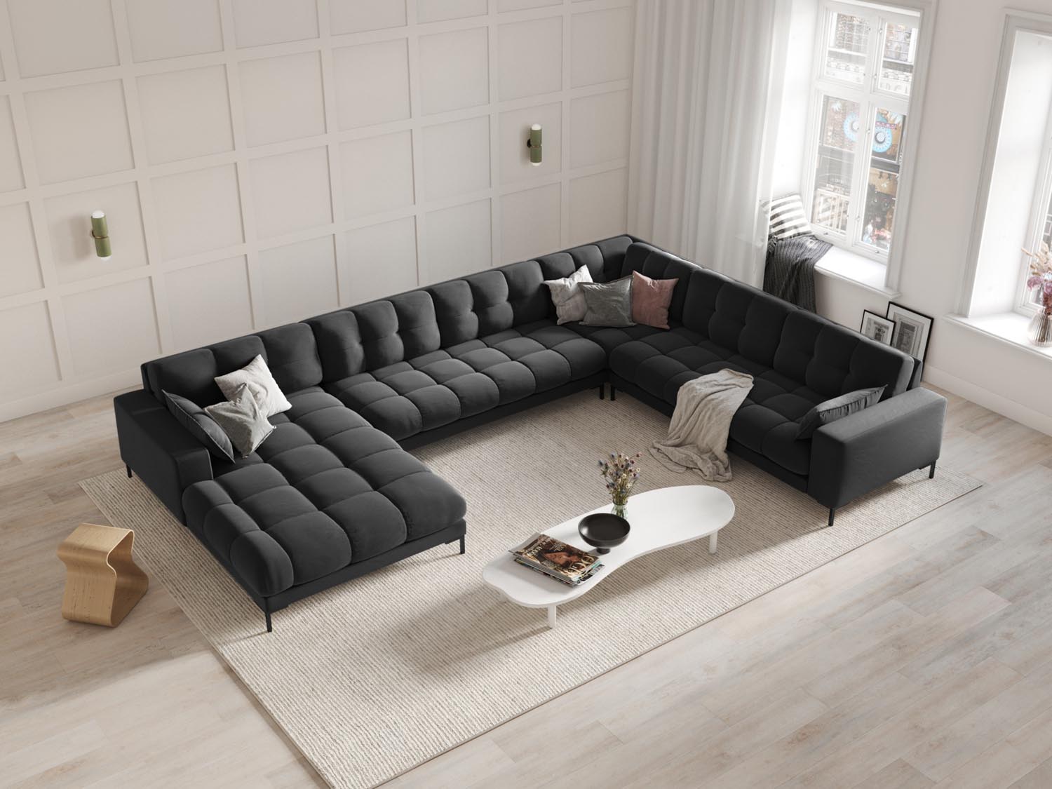 Elegantes Mamaia Velour Panoramic Ecksofa in Dunkelgrau, ideal für stilvolle Wohnräume, präsentiert als 7-Sitzer mit komfortabler Polsterung.