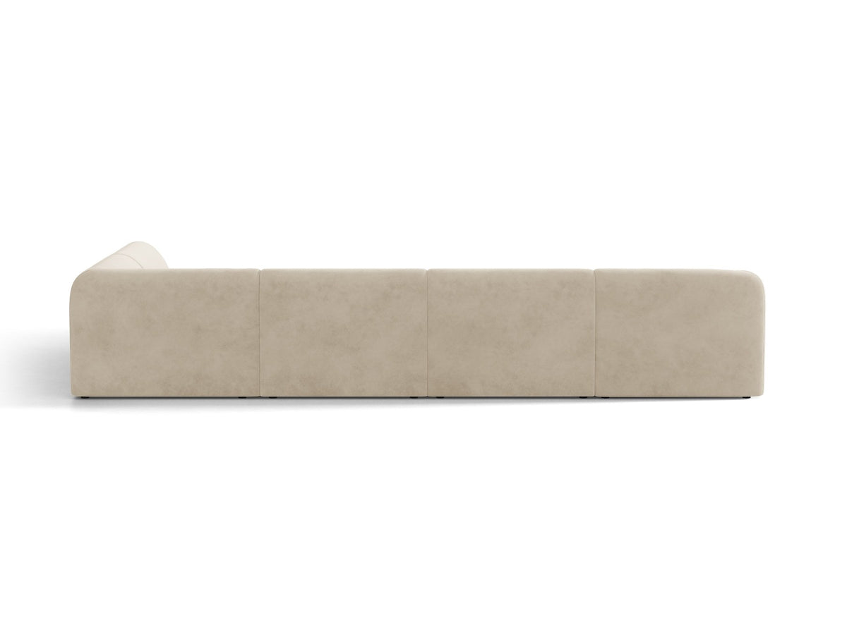 Dunkelbeiges Ecksofa rechts Miley von Micadoni mit Stoffbezug Bluvel, schwarzen Kunststoffbeinen und niedriger Rückenlehne.