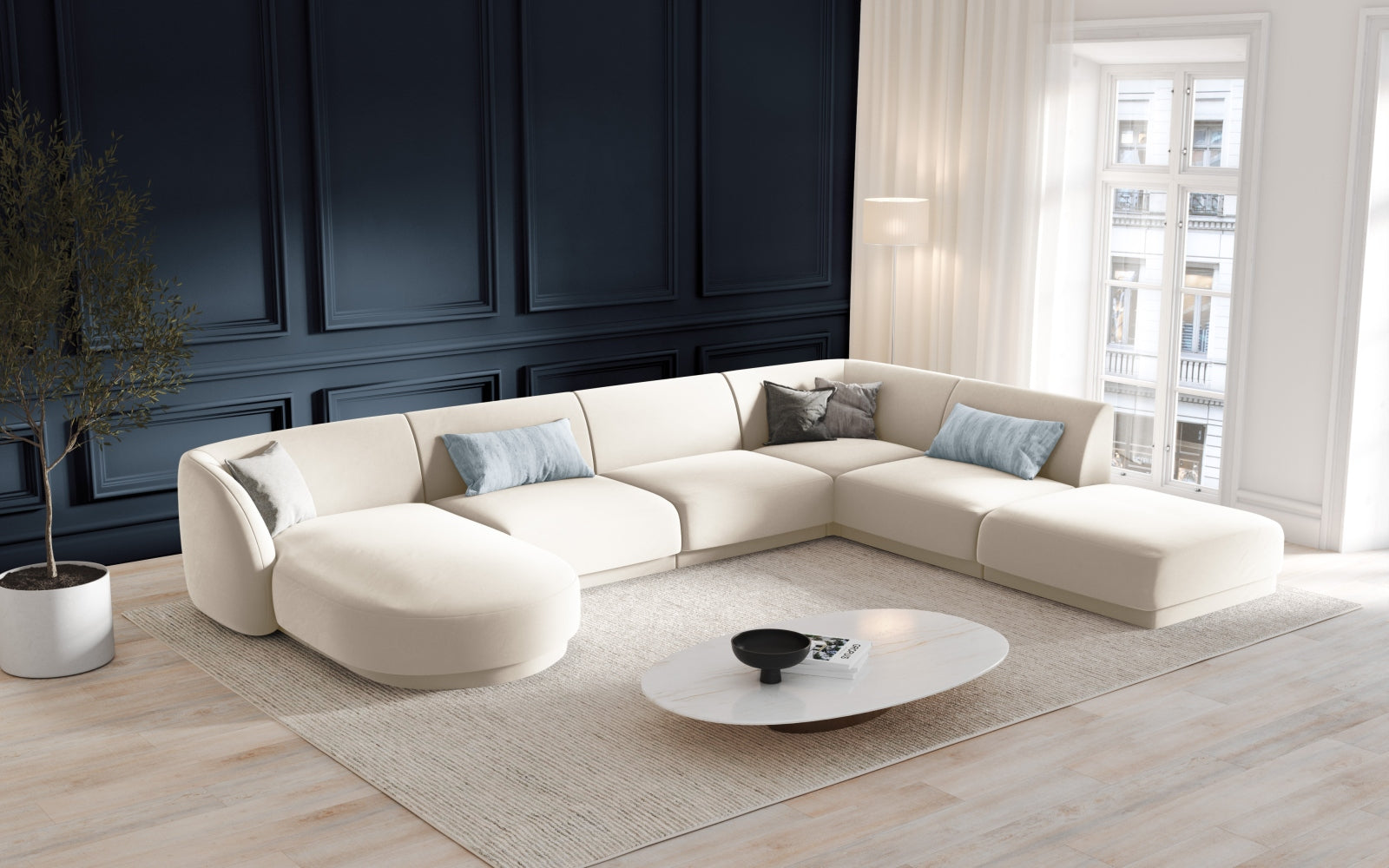 Miley Velour Panoramic Ecksofa rechts 6 Sitzer in Light Beige präsentiert im Onlineshop von KAQTU Design AG. Ecksofa rechts ist von Micadoni