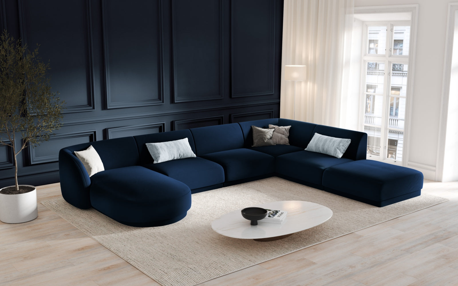 Miley Velour Panoramic Ecksofa rechts 6 Sitzer in Royal Blue präsentiert im Onlineshop von KAQTU Design AG. Ecksofa rechts ist von Micadoni