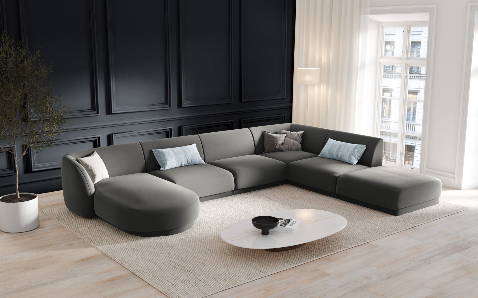 Miley Velour Panoramic Ecksofa rechts 6 Sitzer in Light Grey präsentiert im Onlineshop von KAQTU Design AG. Ecksofa rechts ist von Micadoni