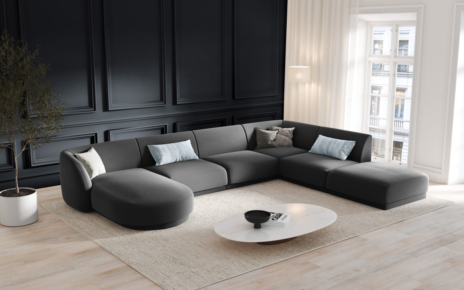 Miley Velour Panoramic Ecksofa rechts 6 Sitzer in Grey präsentiert im Onlineshop von KAQTU Design AG. Ecksofa rechts ist von Micadoni