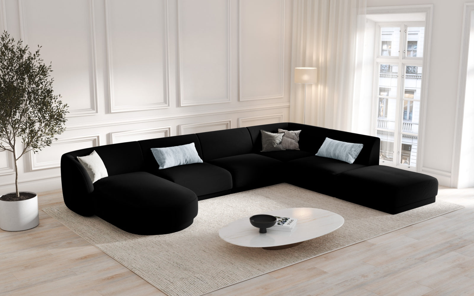 Miley Velour Panoramic Ecksofa rechts 6 Sitzer in Black präsentiert im Onlineshop von KAQTU Design AG. Ecksofa rechts ist von Micadoni