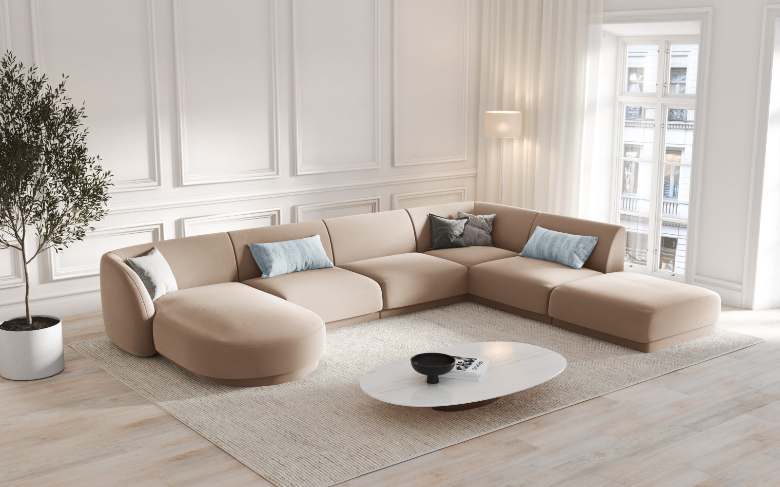 Miley Velour Panoramic Ecksofa rechts 6 Sitzer in Cappuccino präsentiert im Onlineshop von KAQTU Design AG. Ecksofa rechts ist von Micadoni