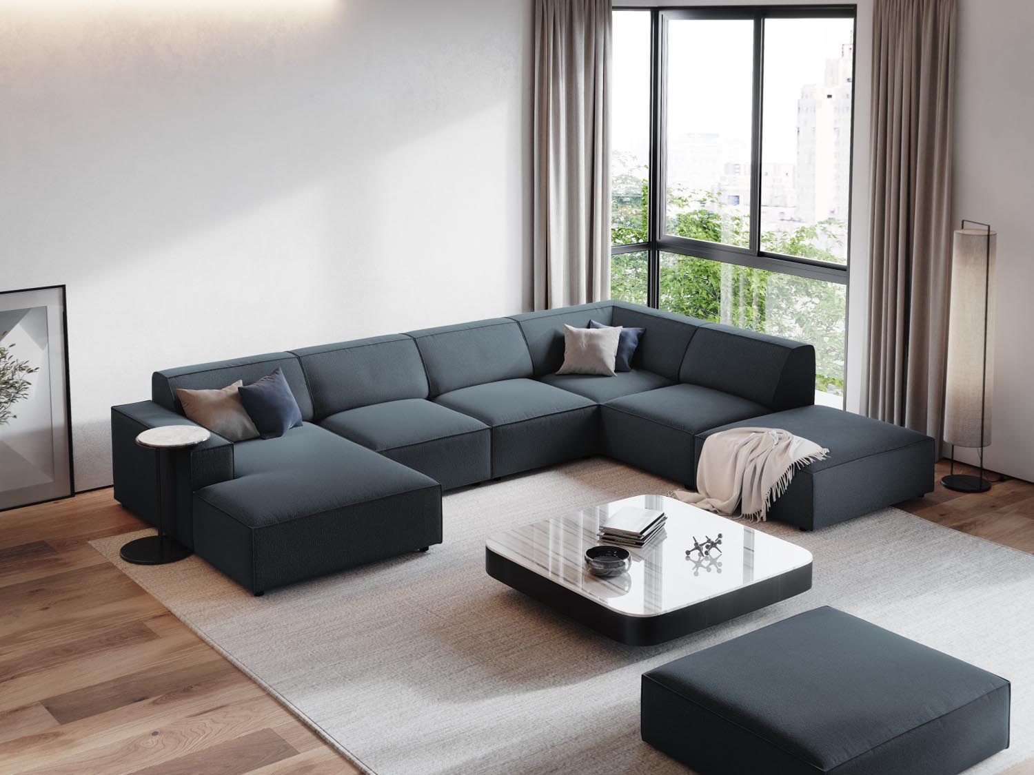 Elegantes, modulares Ecksofa in Blau mit 7 Sitzen, ideal für stilvolle Wohnräume. Perfekte Kombination aus Komfort und Design.