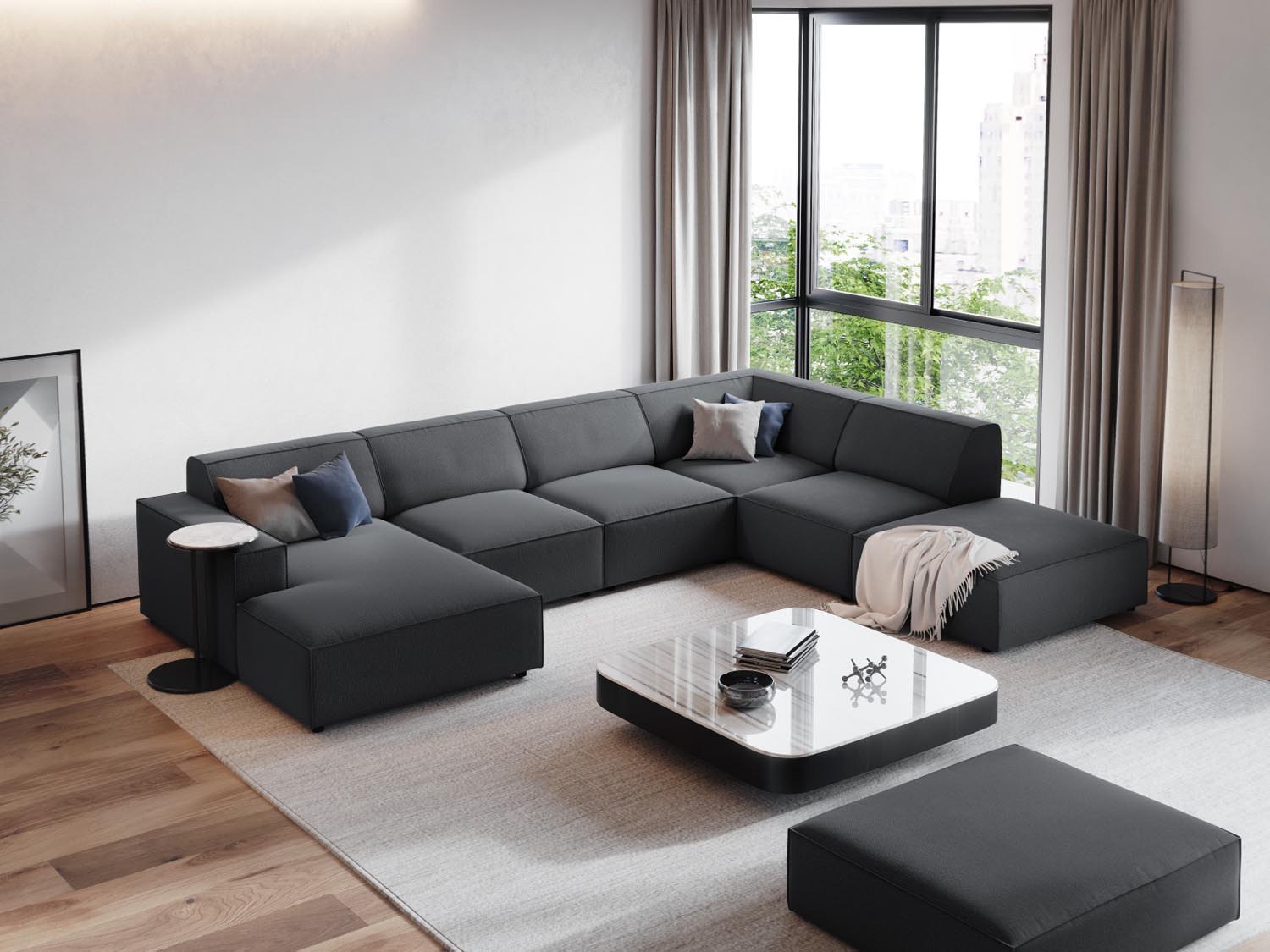 Elegantes, modulares Ecksofa in Dunkelgrau, ideal für stilvolle Wohnräume. Komfortables 7-Sitzer-Design von Micadoni.