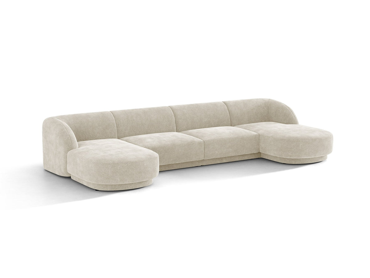 Dunkelbeiges Panorama-Ecksofa Miley von Micadoni mit Bluvel-Stoffbezug, L-Form, schwarzen Kunststoffbeinen und niedriger Rückenlehne.