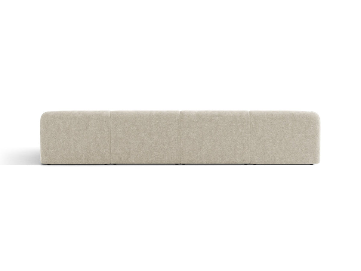 Dunkelbeiges Panorama-Ecksofa Miley von Micadoni mit Bluvel-Stoffbezug, L-Form, schwarzen Kunststoffbeinen und niedriger Rückenlehne.