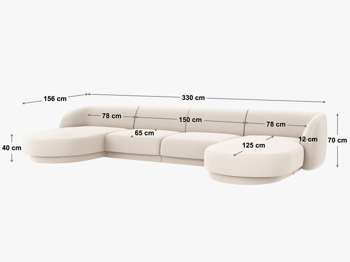 Dunkelbeiges Panorama-Ecksofa Miley von Micadoni mit Bluvel-Stoffbezug, L-Form, schwarzen Kunststoffbeinen und niedriger Rückenlehne.