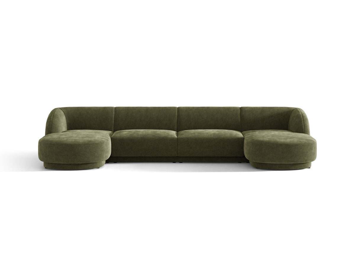 Dunkelbeiges Panorama-Ecksofa Miley von Micadoni mit Bluvel-Stoffbezug, L-Form, schwarzen Kunststoffbeinen und niedriger Rückenlehne.