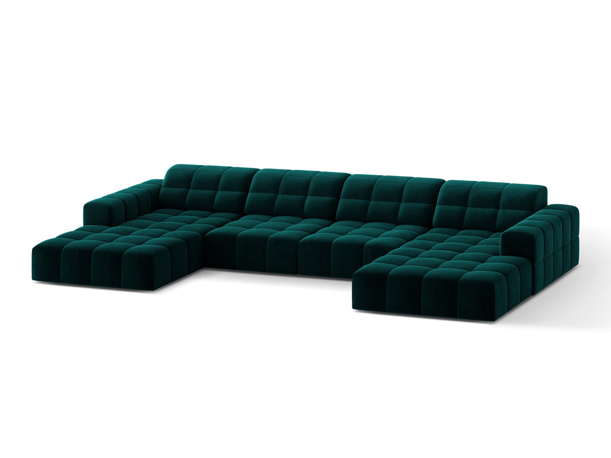 Panoramasofa Jennifer von Micadoni in leichtem Beige, grosses Ecksofa mit Stoffbezug Bluvel 22 und schwarzen Kunststoffbeinen.