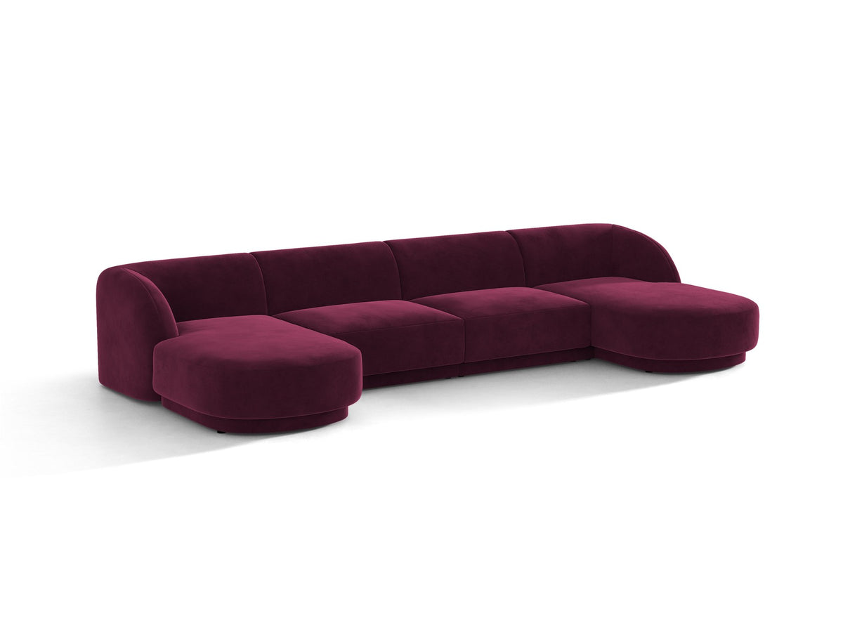 Dunkelbeiges Panorama-Ecksofa Miley von Micadoni mit Bluvel-Stoffbezug, L-Form, schwarzen Kunststoffbeinen und niedriger Rückenlehne.