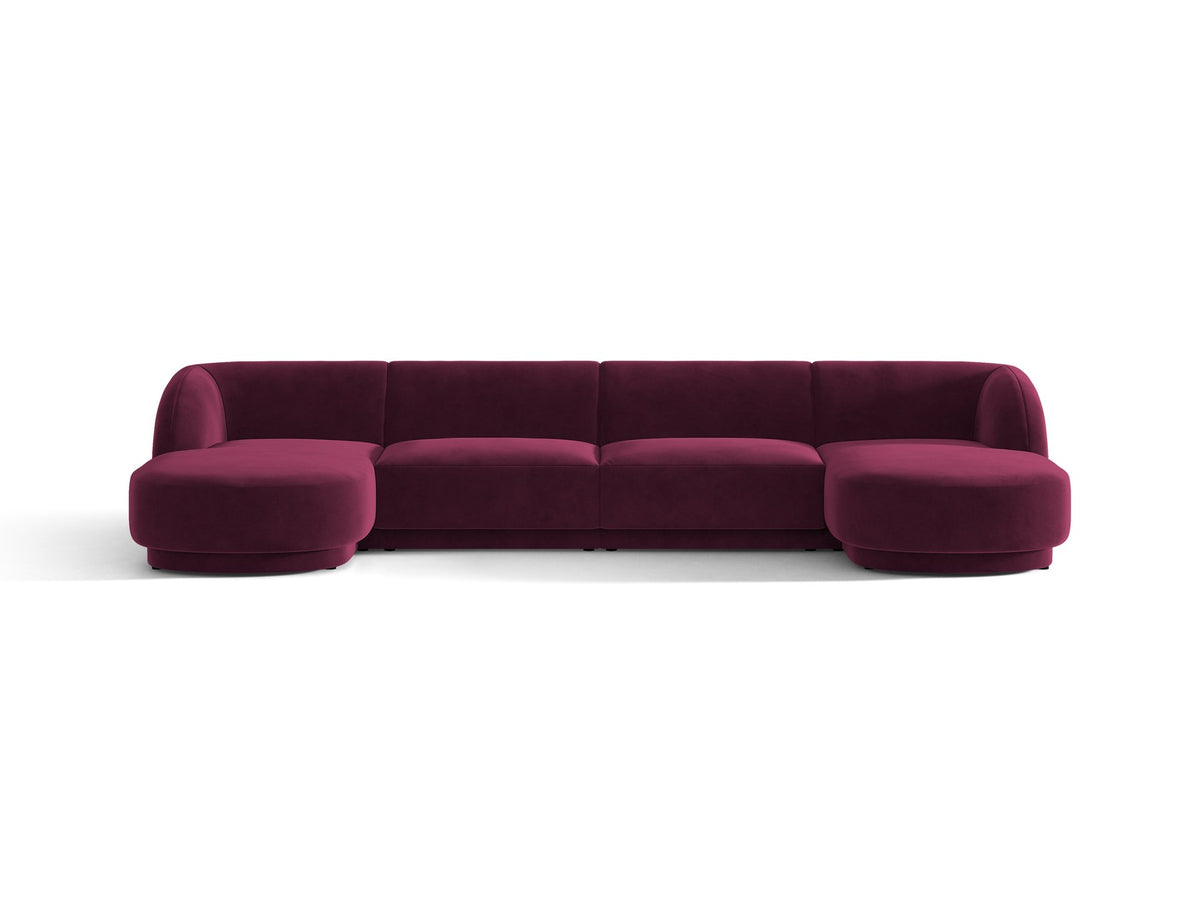 Dunkelbeiges Panorama-Ecksofa Miley von Micadoni mit Bluvel-Stoffbezug, L-Form, schwarzen Kunststoffbeinen und niedriger Rückenlehne.