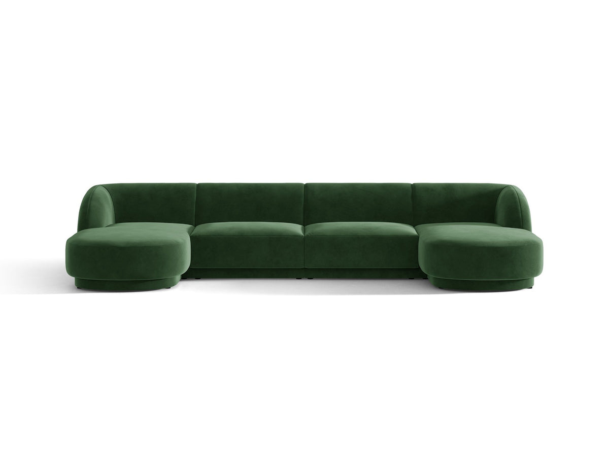 Dunkelbeiges Panorama-Ecksofa Miley von Micadoni mit Bluvel-Stoffbezug, L-Form, schwarzen Kunststoffbeinen und niedriger Rückenlehne.