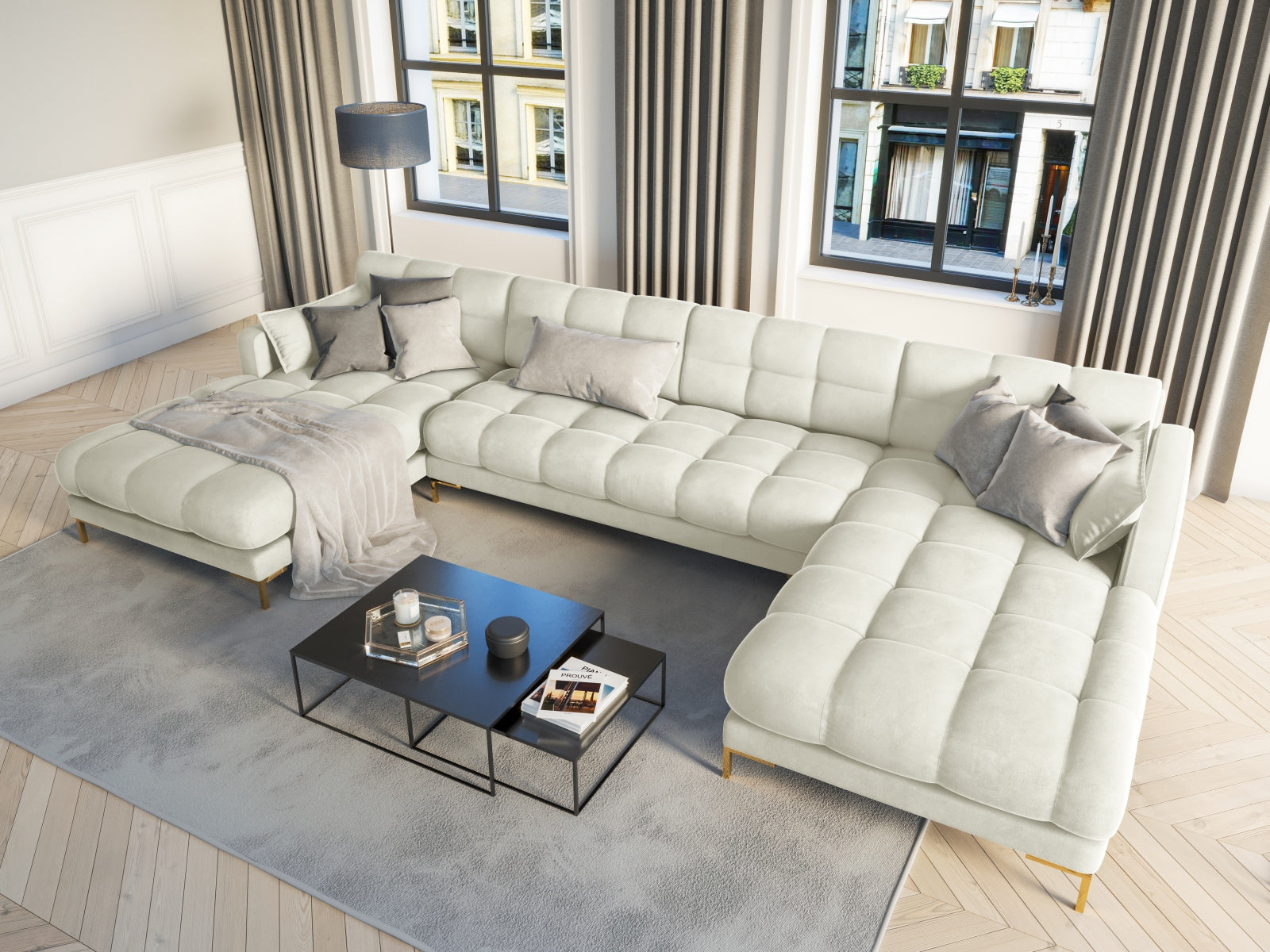 Mamaia Velour Panoramic Sofa 6 Sitzer in Light Beige/Gold präsentiert im Onlineshop von KAQTU Design AG. 3er Sofa ist von Micadoni