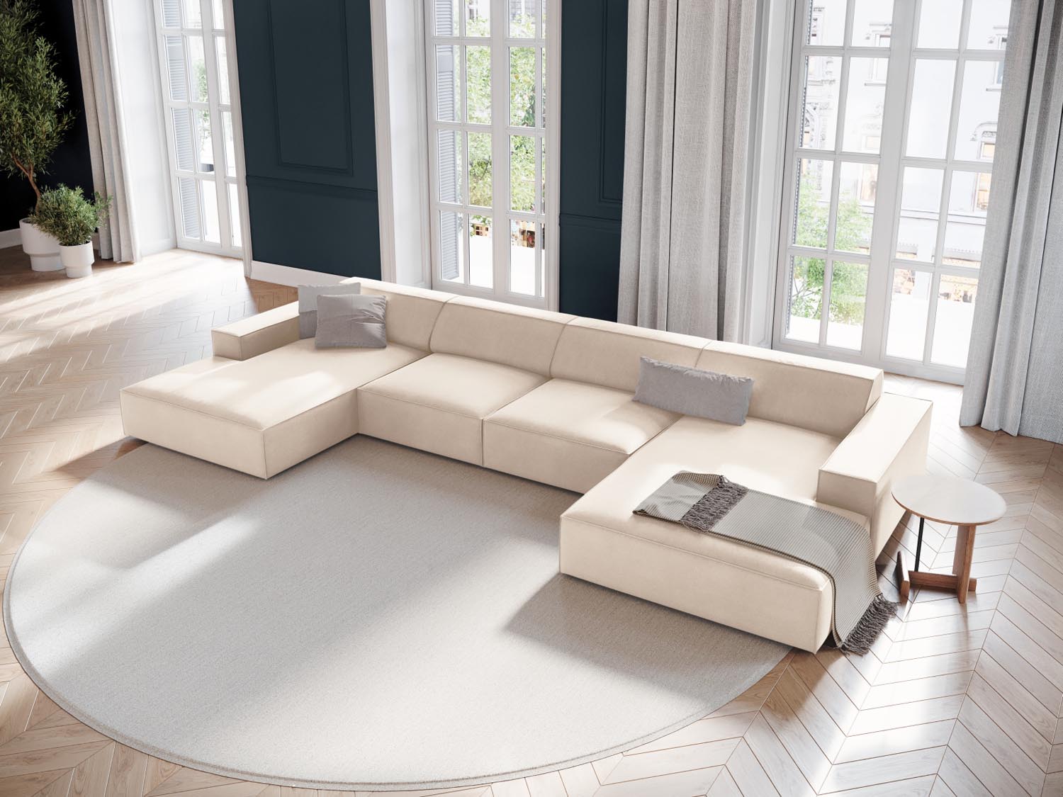 Elegantes Jodie Velour modulares Panoramic Sofa für 6 Personen in sanftem Beige, ideal für stilvolle Wohnräume.
