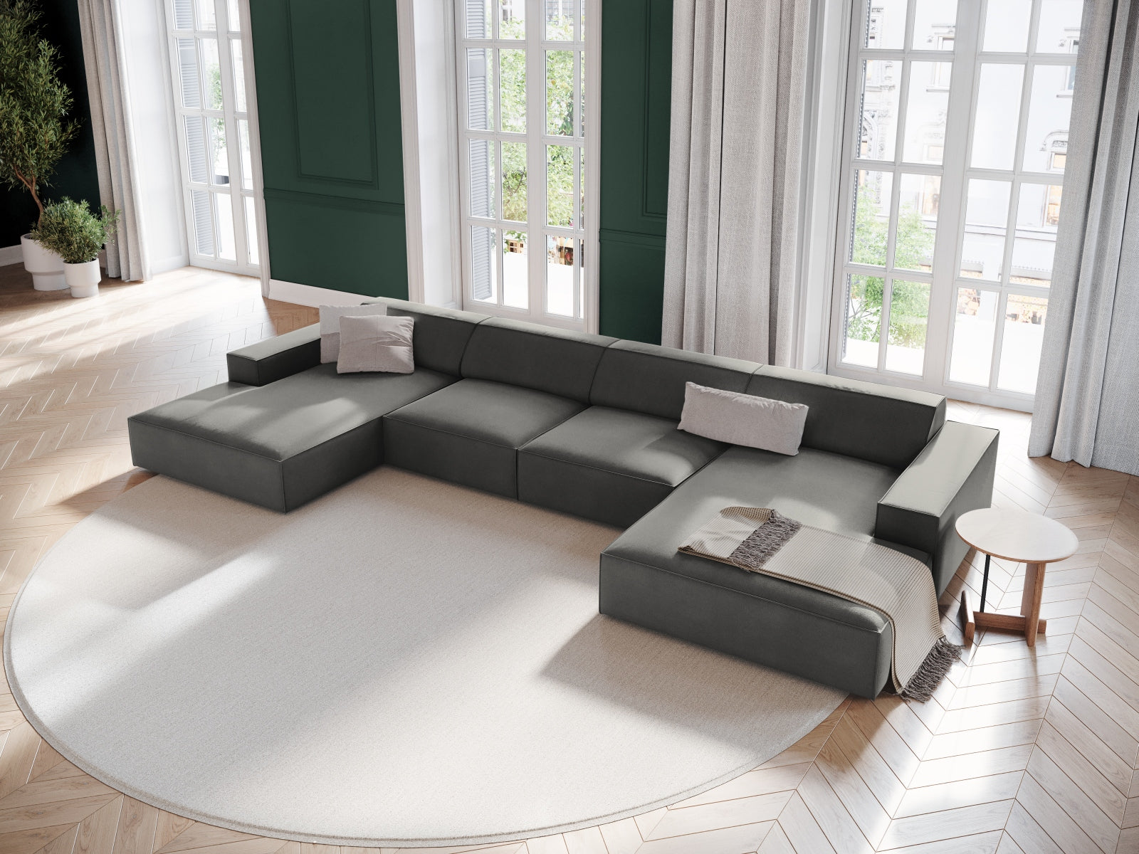Jodie Velour modulares Panoramic Sofa 6 Sitzer in Light Grey präsentiert im Onlineshop von KAQTU Design AG. 3er Sofa ist von Micadoni