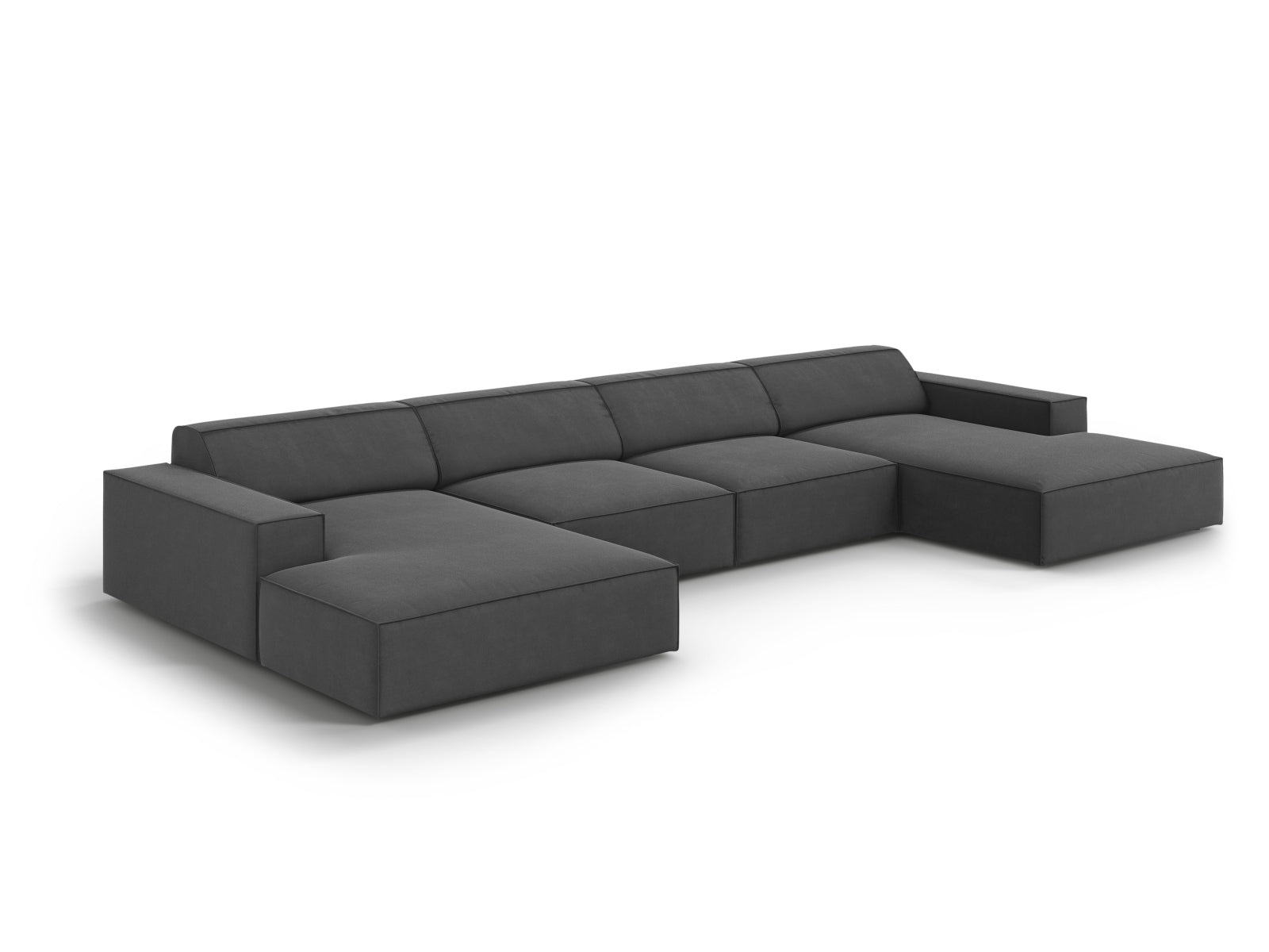 Stilvolles Jodie Velour modulares Panoramic Sofa für 6 Personen in elegantem Grey-Bluvel, perfekt für zeitgemäße Inneneinrichtungen.