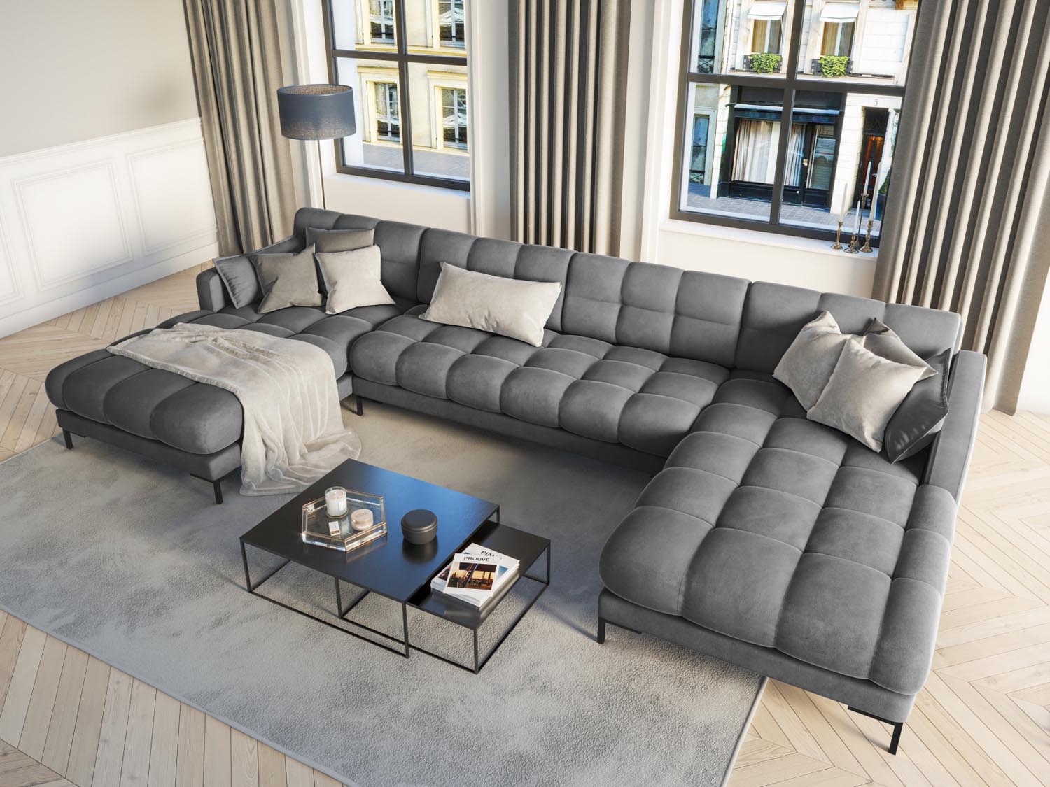 Elegantes Mamaia Velour Panoramic Sofa für 6 Personen in sanften Grautönen, ideal für stilvolle Wohnräume und gemütliche Abende.