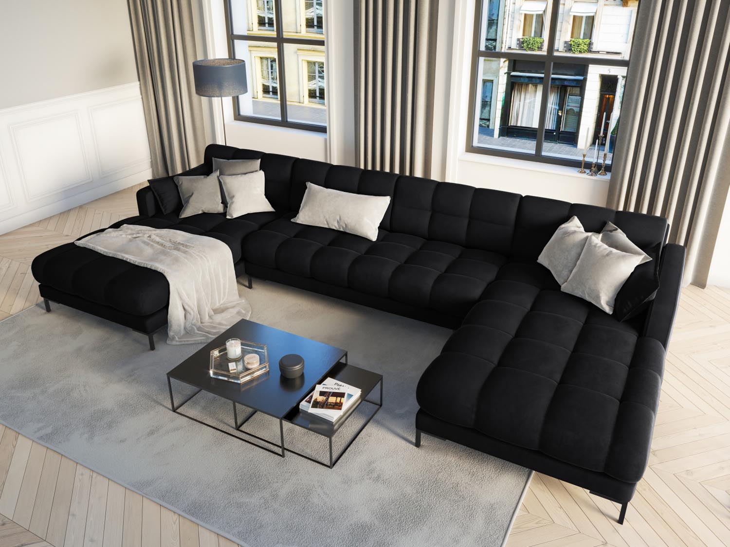 Elegantes Mamaia Velour Panoramic Sofa für 6 Personen in stilvollem Schwarz, ideal für moderne Wohnräume und gemütliche Abende.