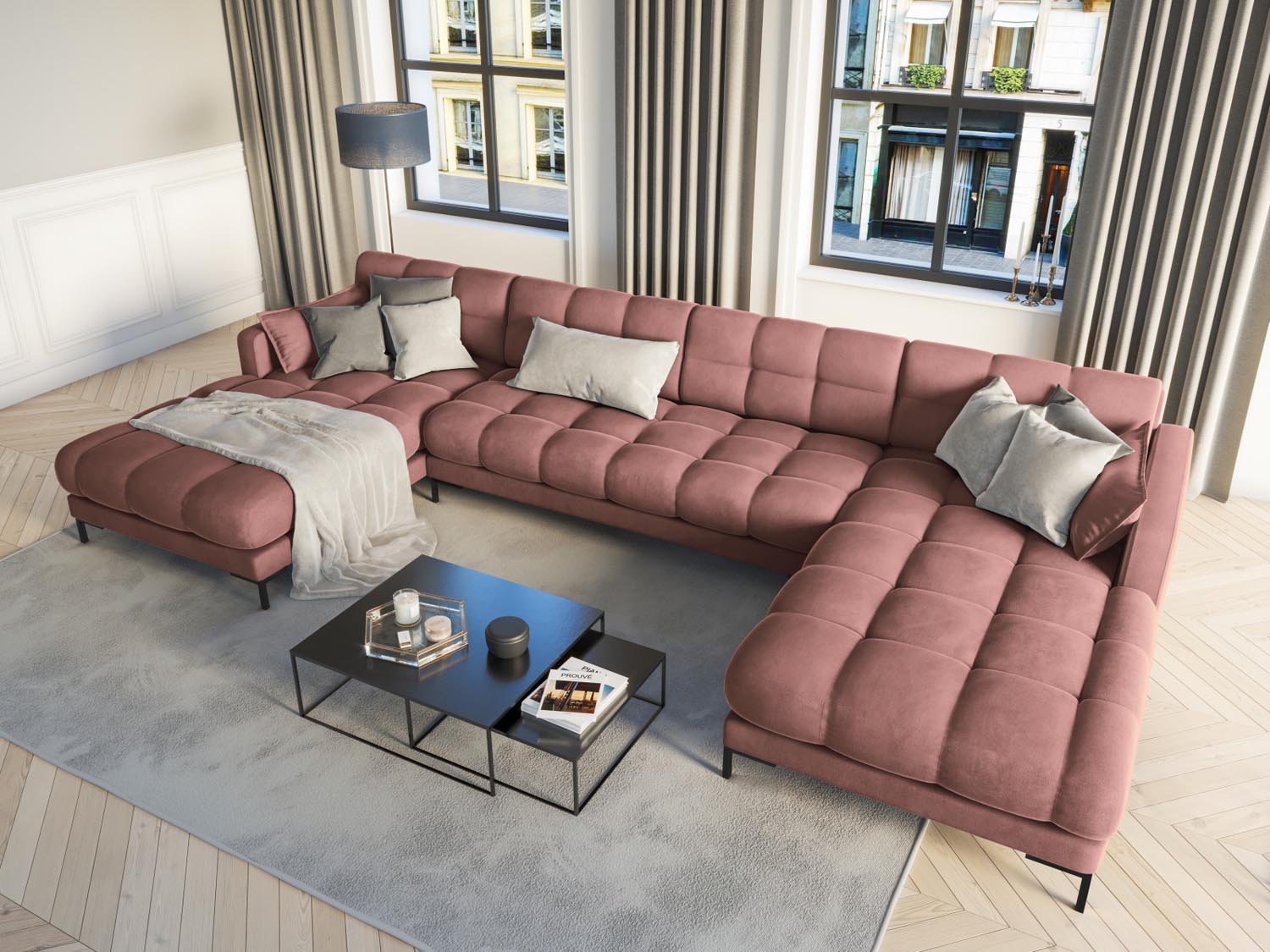Elegantes Mamaia Velour Panoramic Sofa für 6 Personen in stilvollem Pink und Schwarz, ideal für moderne Wohnräume.