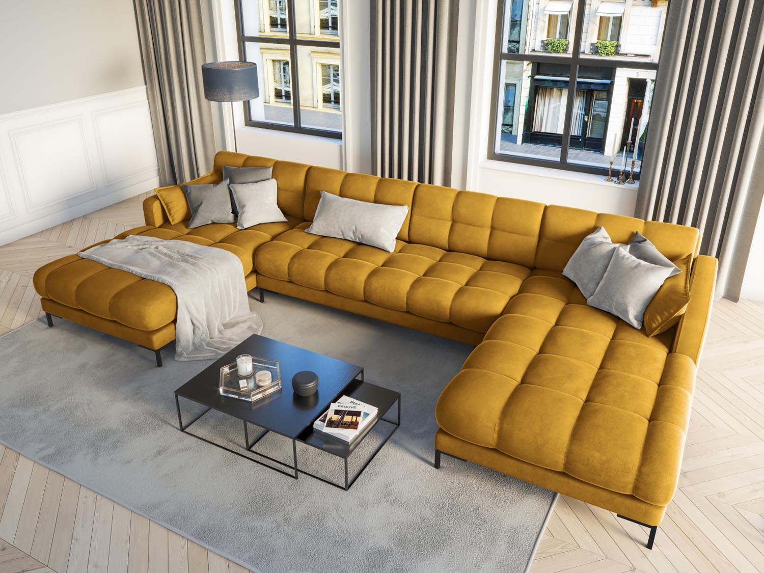 Elegantes Mamaia Velour Panoramic Sofa für 6 Personen in stilvollem Gelb und Schwarz, ideal für moderne Wohnräume.
