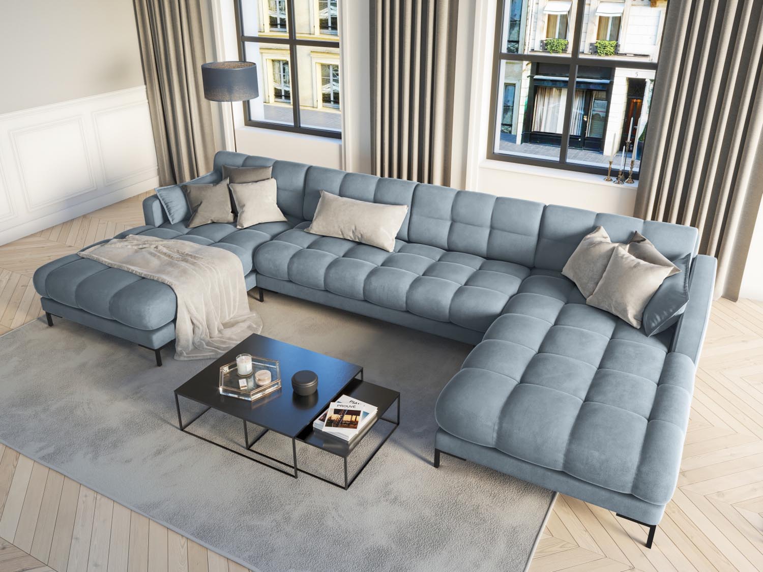 Elegantes Mamaia Velour Panoramic Sofa für 6 Personen in sanftem Hellblau und Schwarz, ideal für stilvolle Wohnräume.