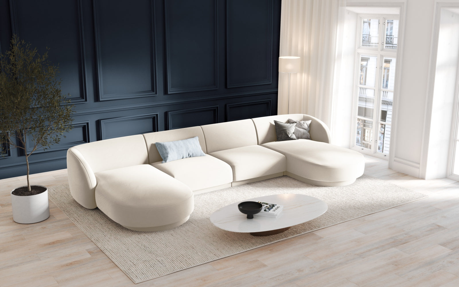Miley Velour Panoramic Sofa 5 Sitzer in Light Beige präsentiert im Onlineshop von KAQTU Design AG. 3er Sofa ist von Micadoni