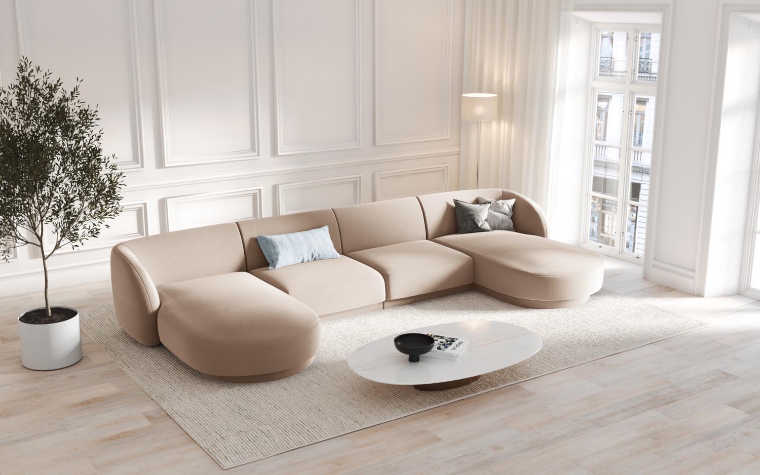 Elegantes Miley Velour Panoramic Sofa für 5 Personen in stilvollem Cappuccino-Bluvel, ideal für moderne Wohnräume.