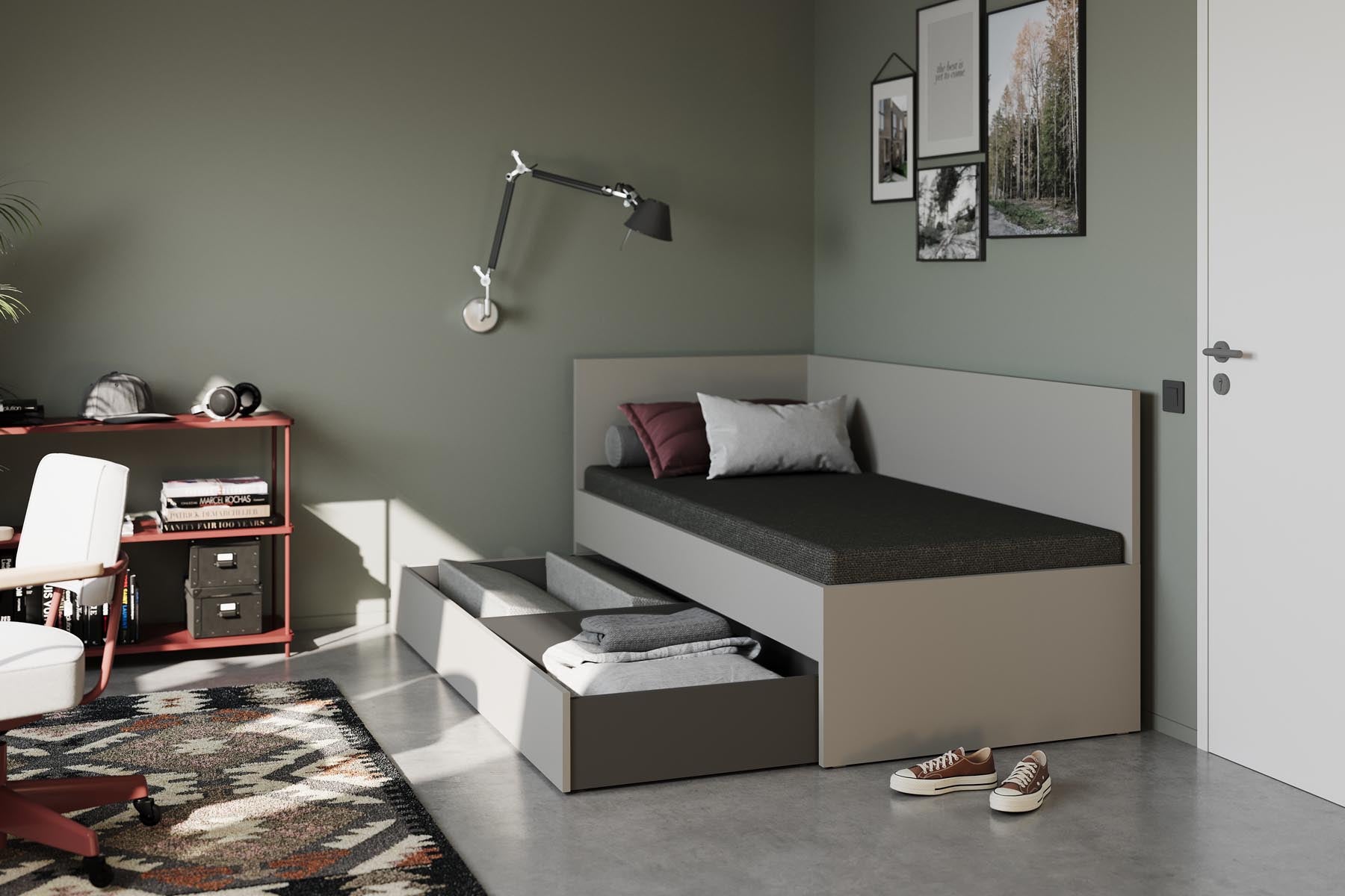 Corner Bett 90 x 200 links in Steingrau präsentiert im Onlineshop von KAQTU Design AG. Bett ist von Müller Möbelwerkstätten