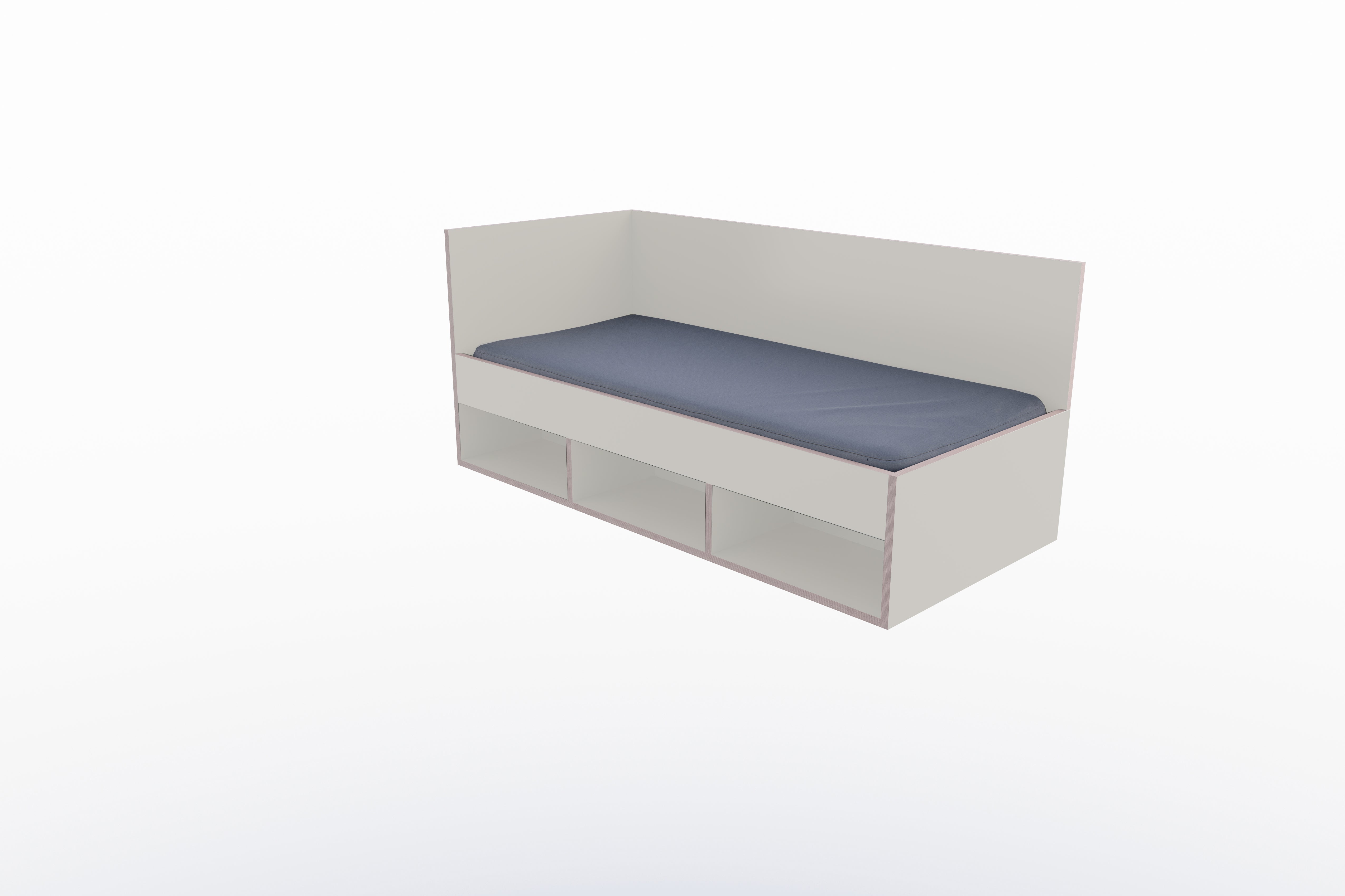Corner Bett mit offenem Regal 90 x 200 links in Steingrau/Multiplexkante präsentiert im Onlineshop von KAQTU Design AG. Bett ist von Müller Möbelwerkstätten