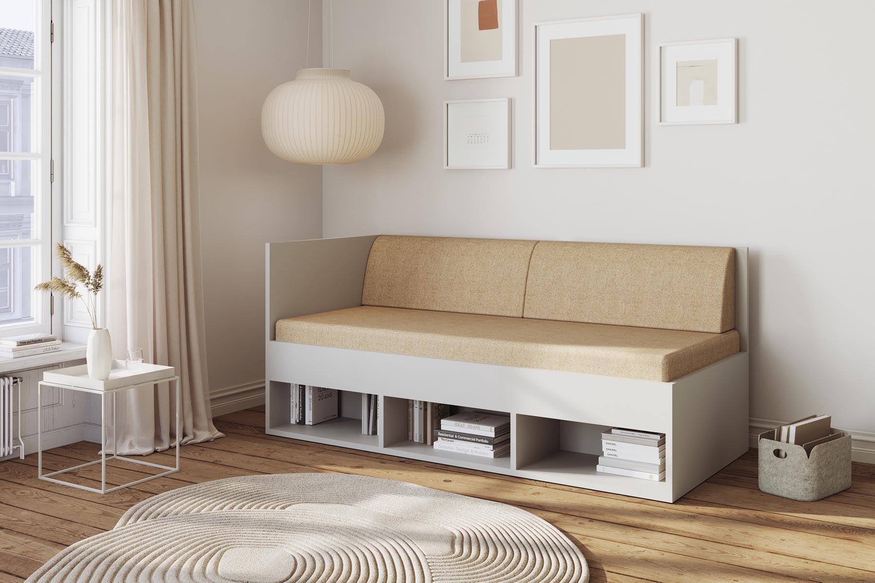 Corner Bett mit offenem Regal 90 x 200 links in Kaschmirgrau präsentiert im Onlineshop von KAQTU Design AG. Bett ist von Müller Möbelwerkstätten