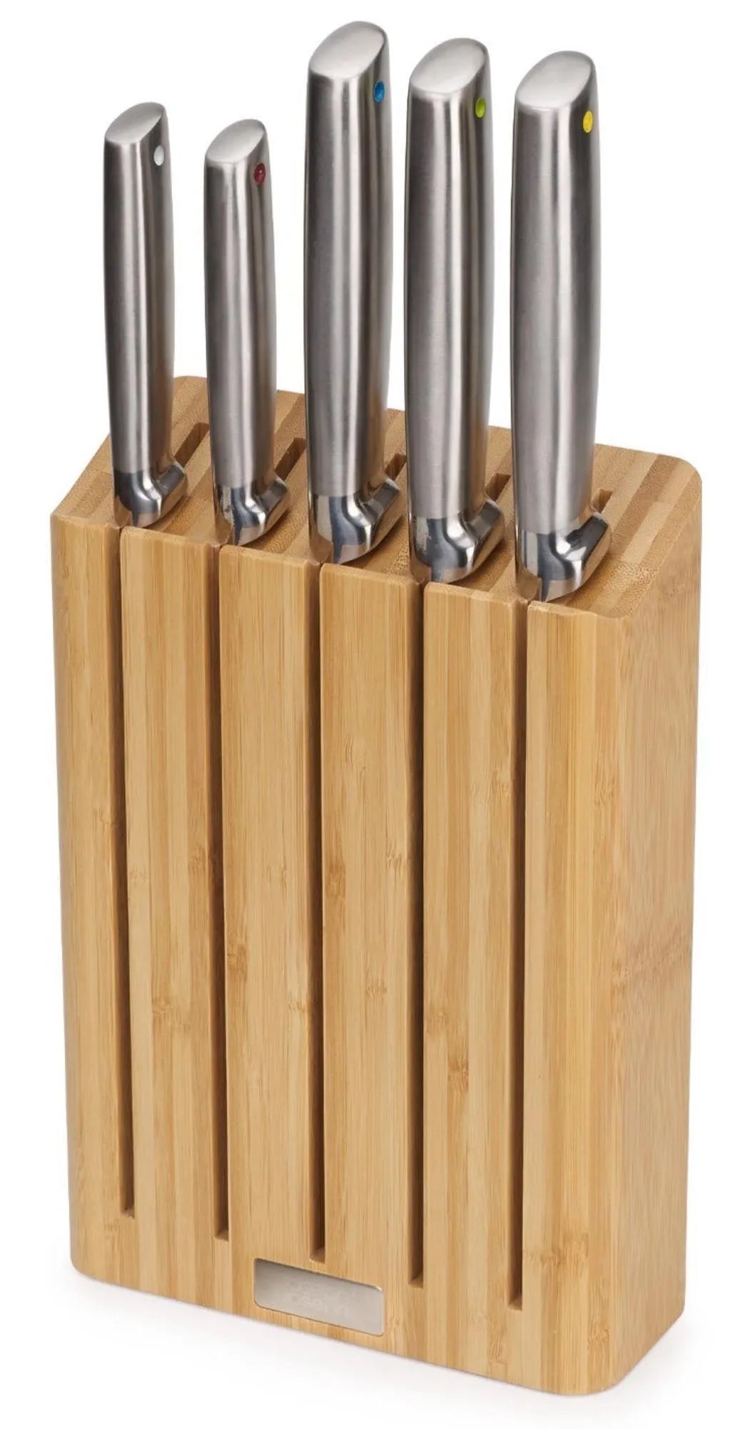 Eleganter Messerblock aus Bambus mit 5 hochwertigen Elevate Steel Messern von Joseph Joseph, ideal für jede Küche.