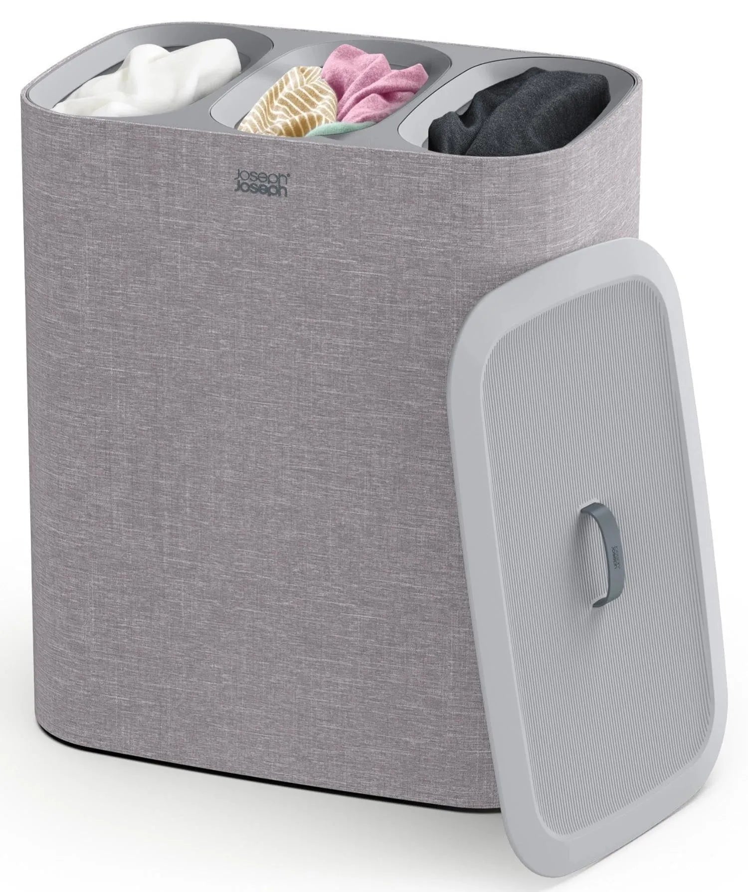 Praktischer Wäschekorb mit 3 Fächern à 30L, ideal zum Trennen von Wäsche. Modernes Design in Grau von Joseph Joseph.