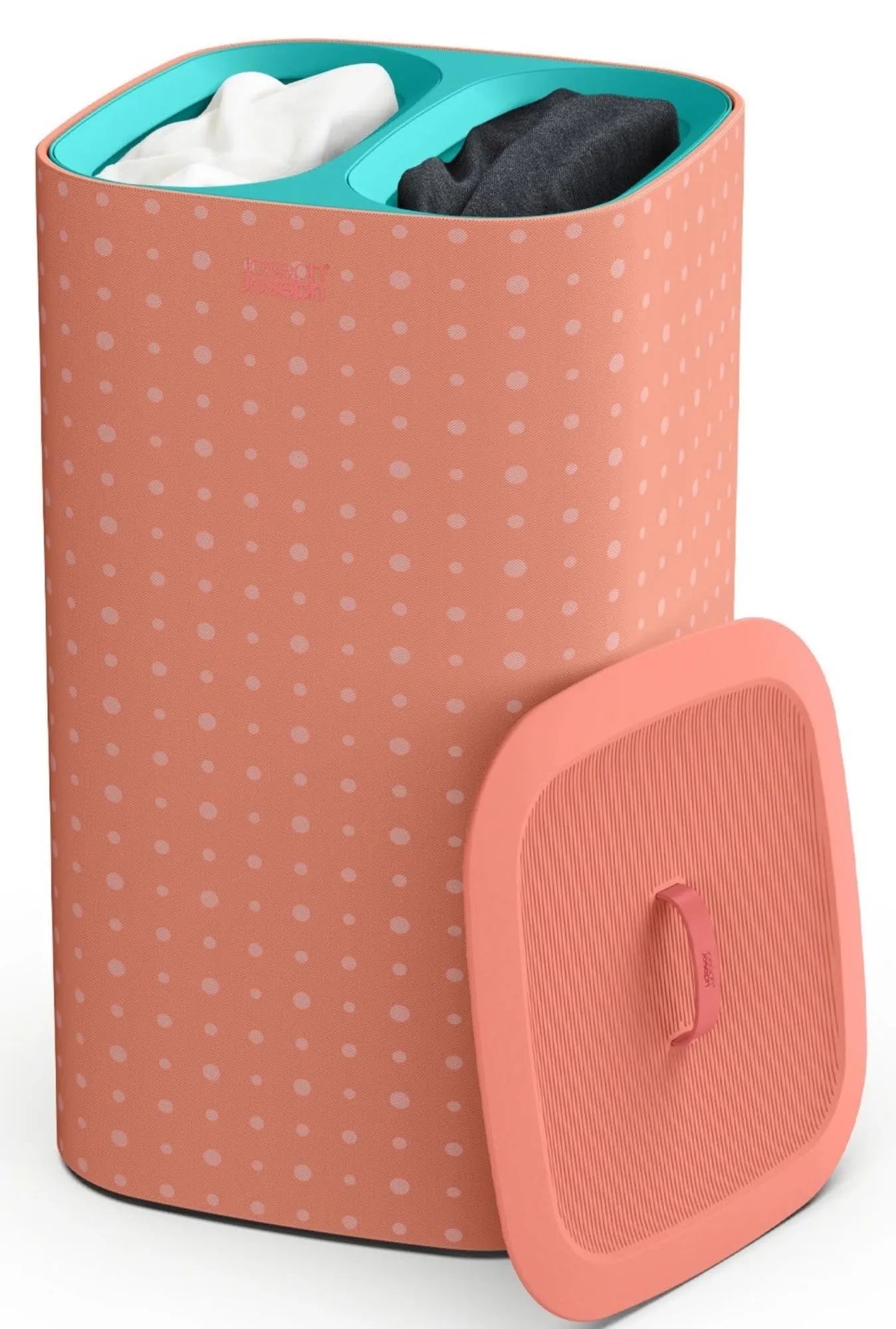 Der Tota Pop 60L Wäschekorb von Joseph Joseph bietet 2x30L Fächer in Koralle, ideal für stilvolles und effizientes Wäschesortieren.