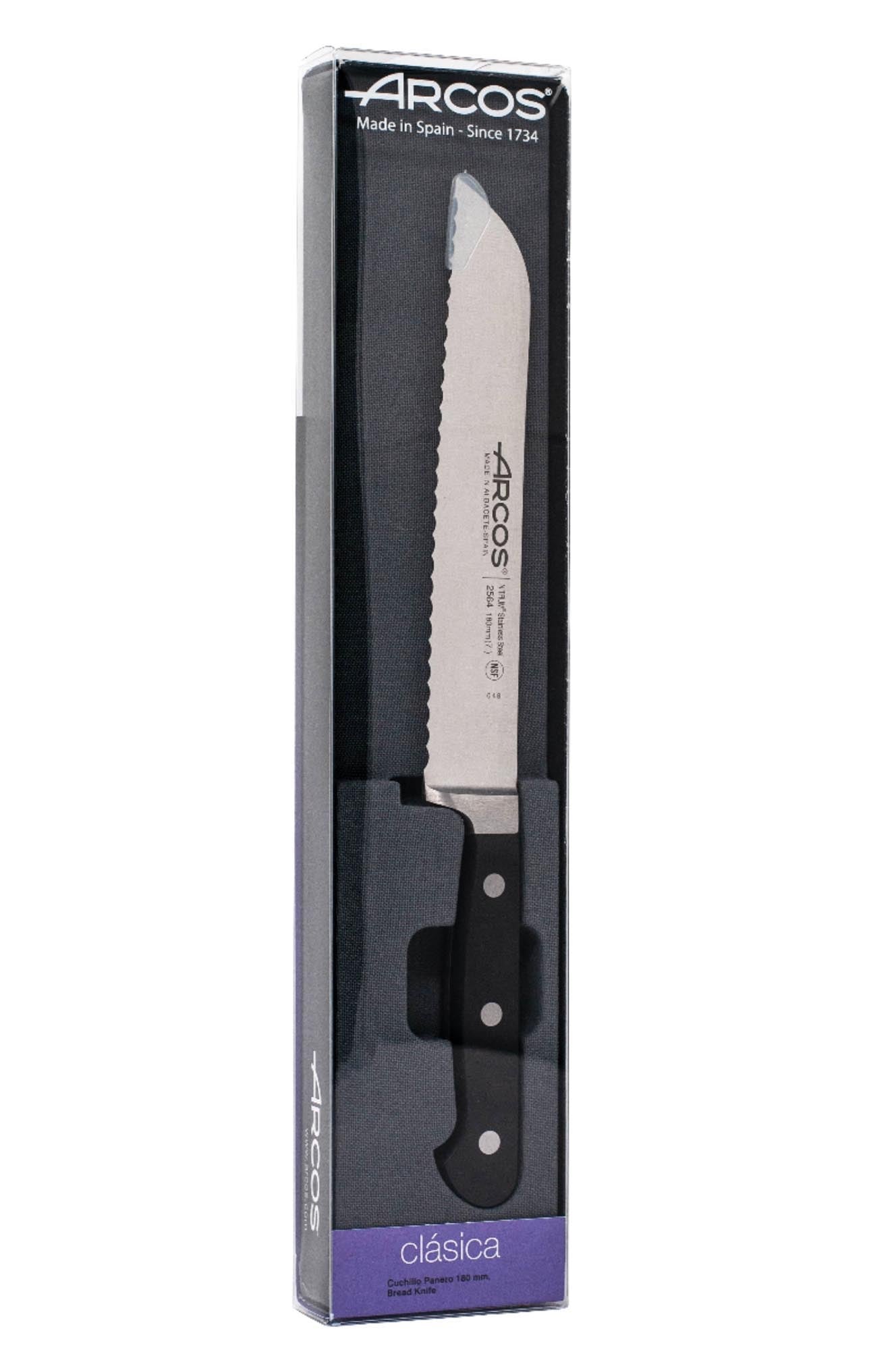 Das Arcos Clasica Brotmesser mit 18cm Klinge bietet geschmiedete Qualität, Präzision und stilvolles Design für Ihre Küche.
