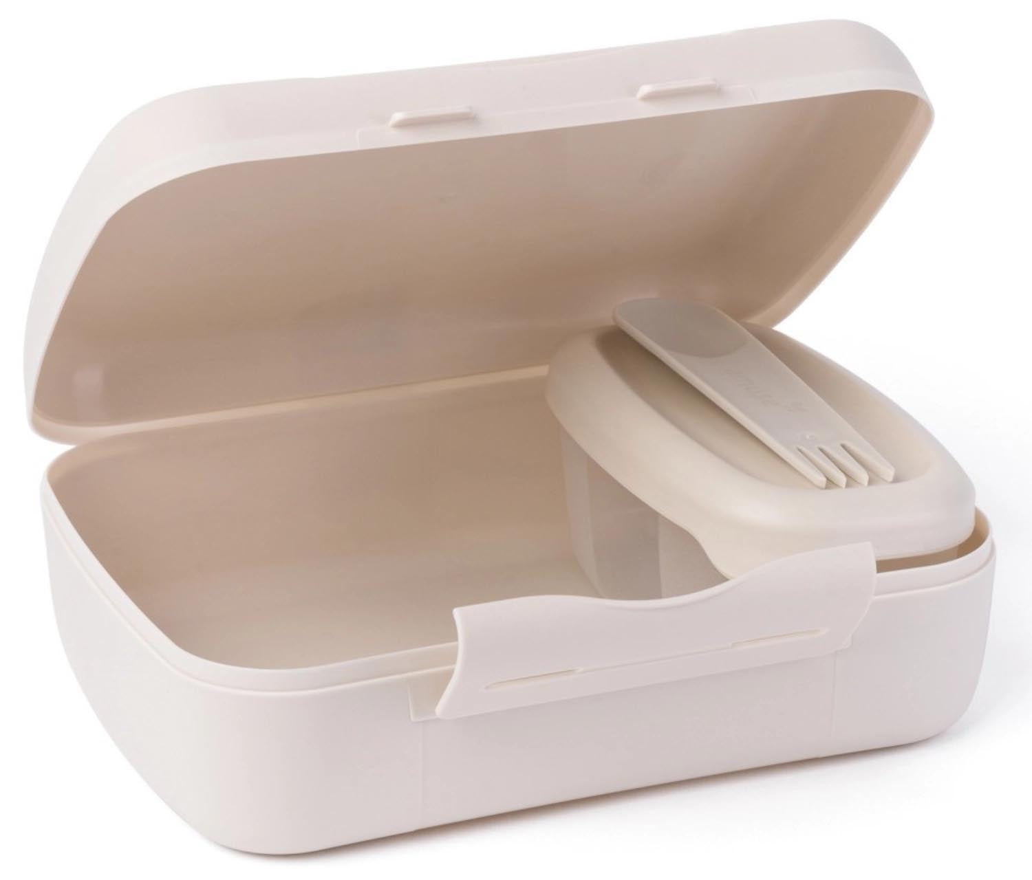 Stilvolle Salatbox mit Göffel, ideal für Brunch und unterwegs. Beige, 210x156x71mm, von Amuse. Praktisch und umweltfreundlich.