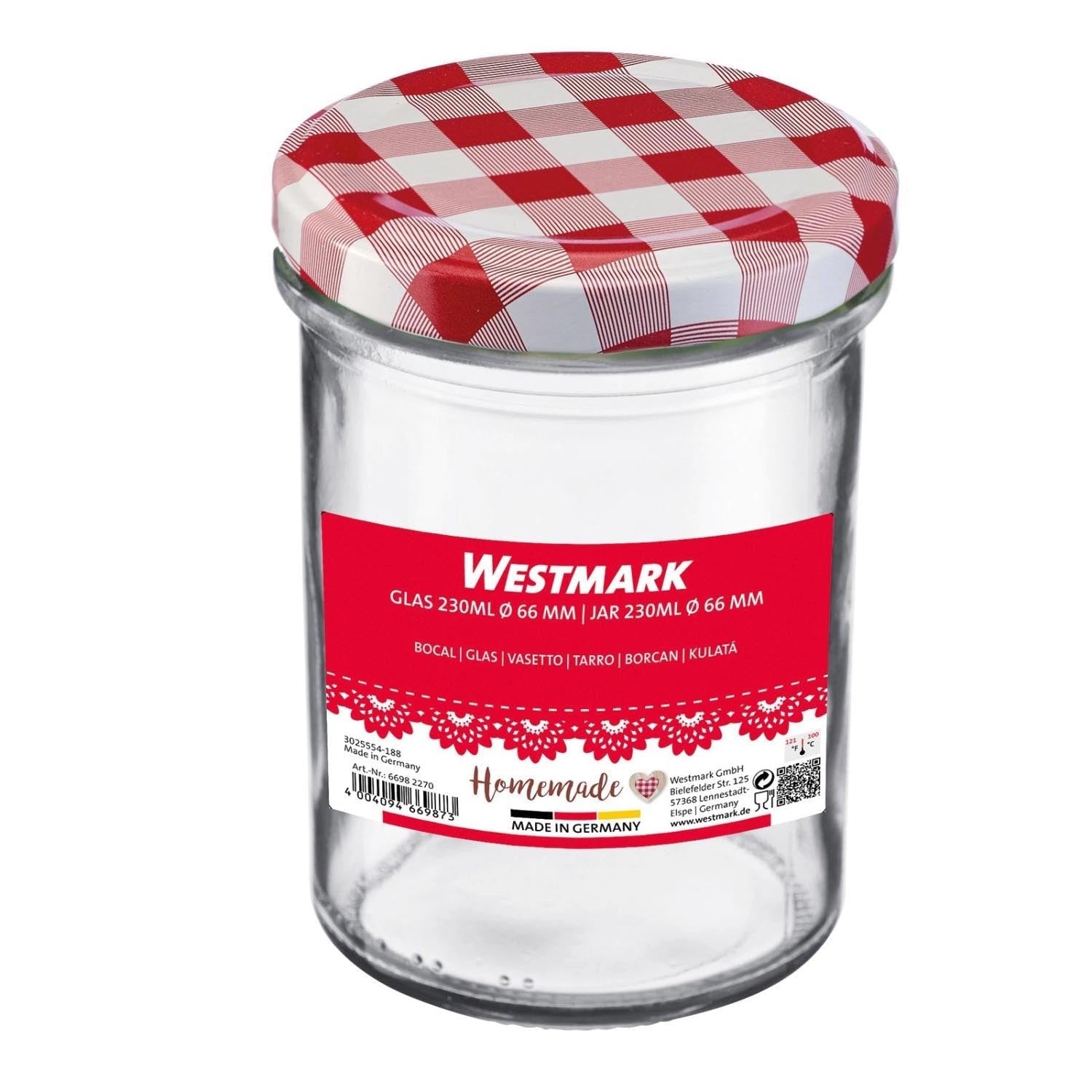 Praktisches 230ml Sturzglas mit rot-weißem Deckel (66mm), ideal für Marmeladen, Einmachen oder Aufbewahrung, von Westmark.