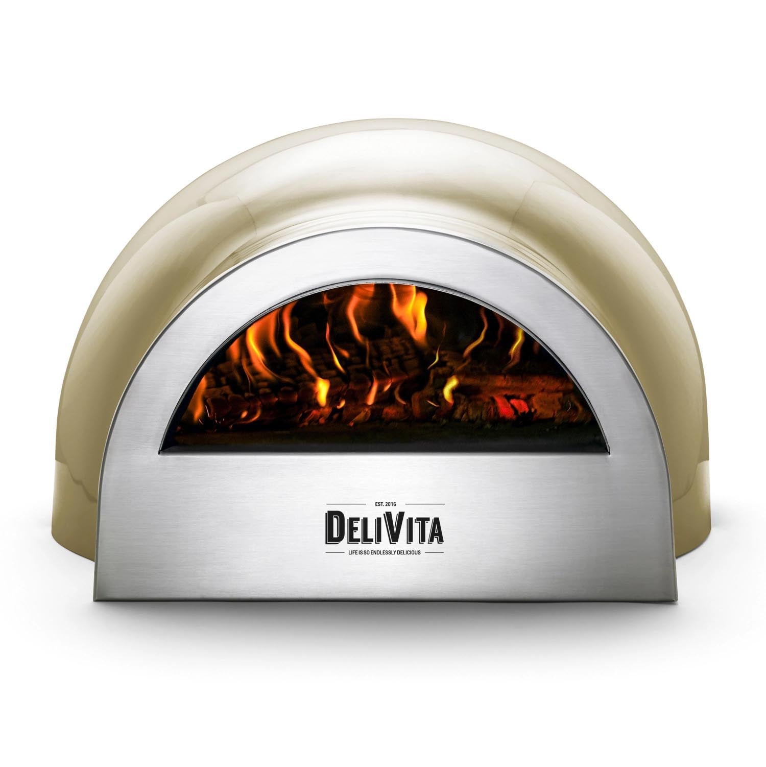 Der olivgrüne Delivita Ofen vereint Stil und Funktionalität, ideal für Pizza und Brot, ein Highlight für jeden Garten.