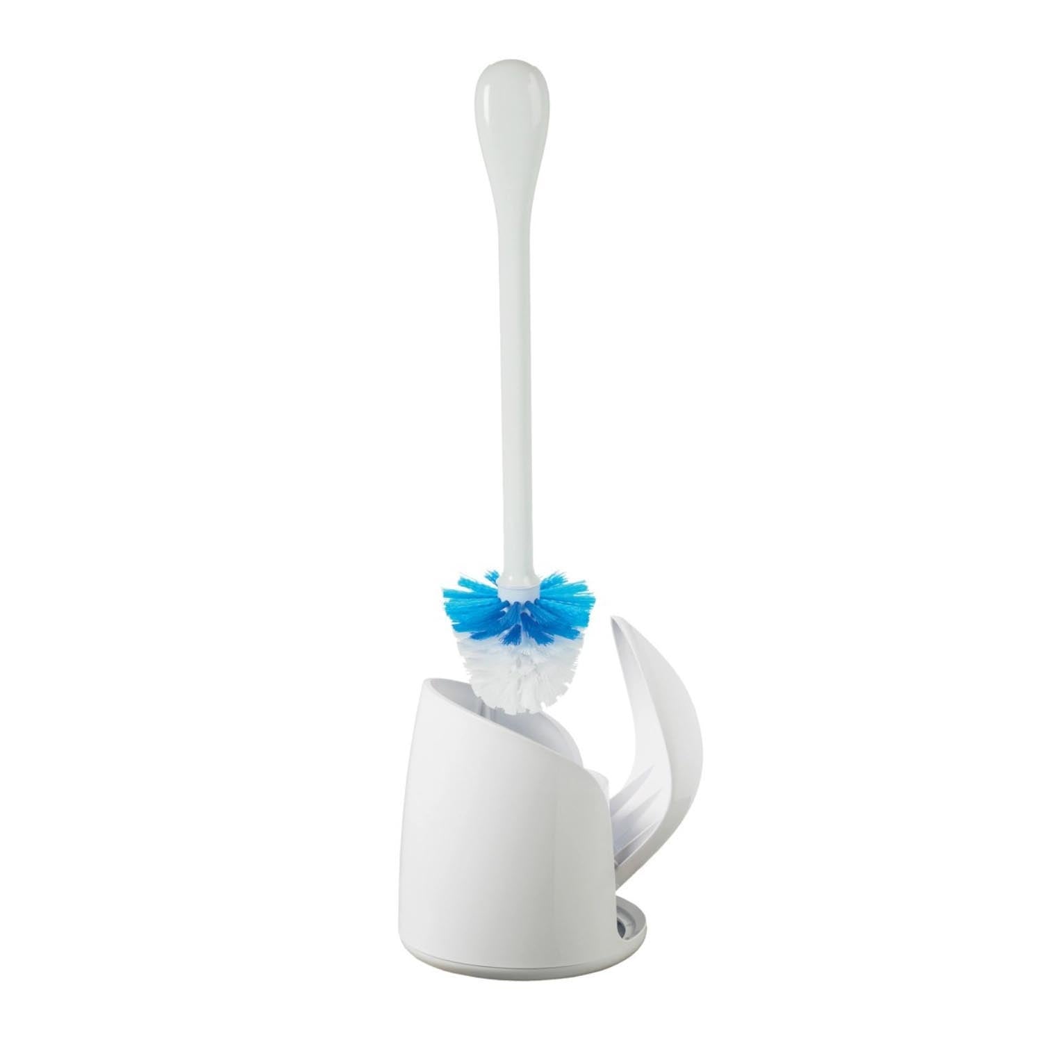 Kompakte weisse Toilettenbürste von OXO mit cleverem Design, hygienischer Aufbewahrung und langlebigen Borsten für effektive Reinigung.