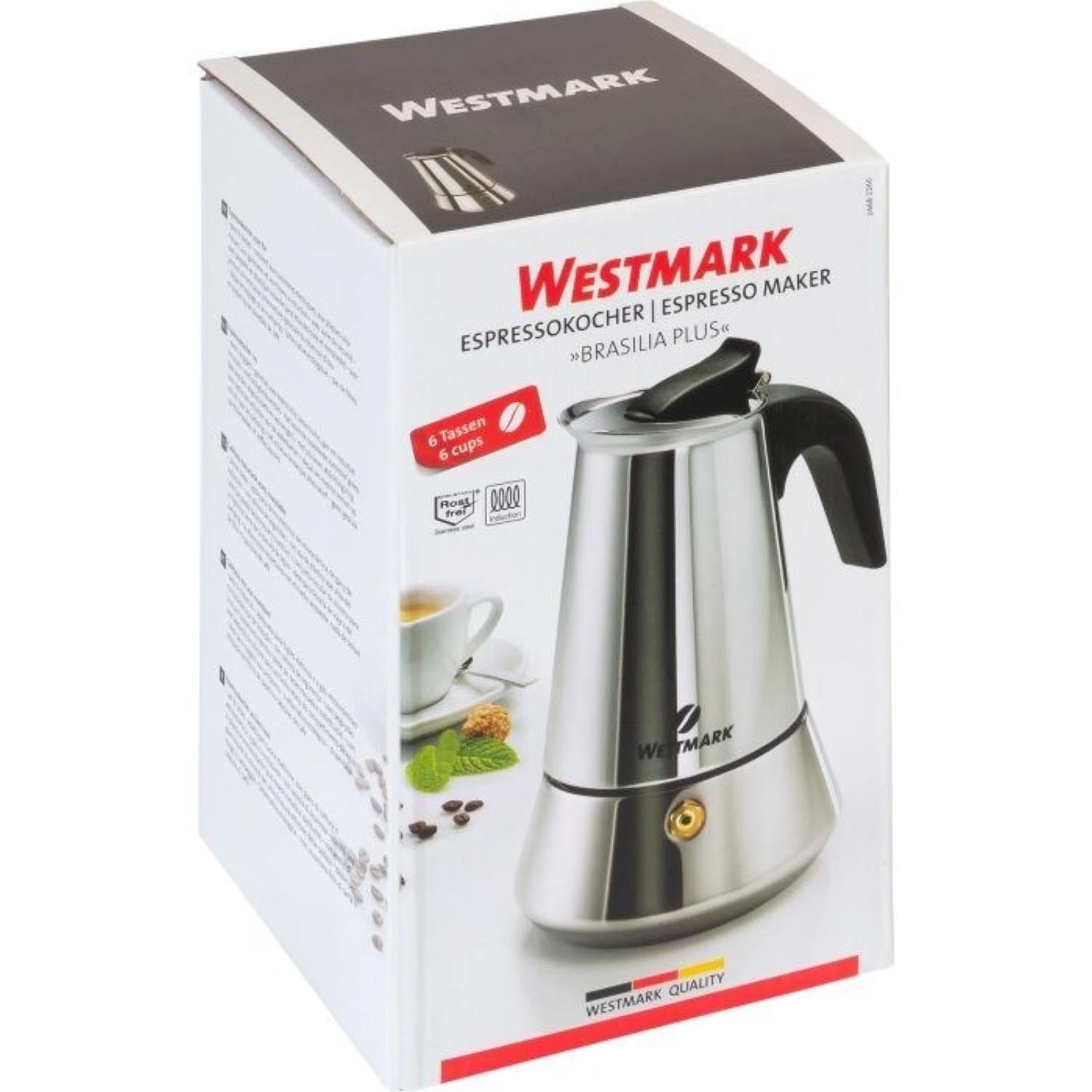 Hochwertiger Espressokocher Brasilia Plus aus Edelstahl, für 6 Tassen, ideal für aromatischen Espresso in Ihrer Küche.