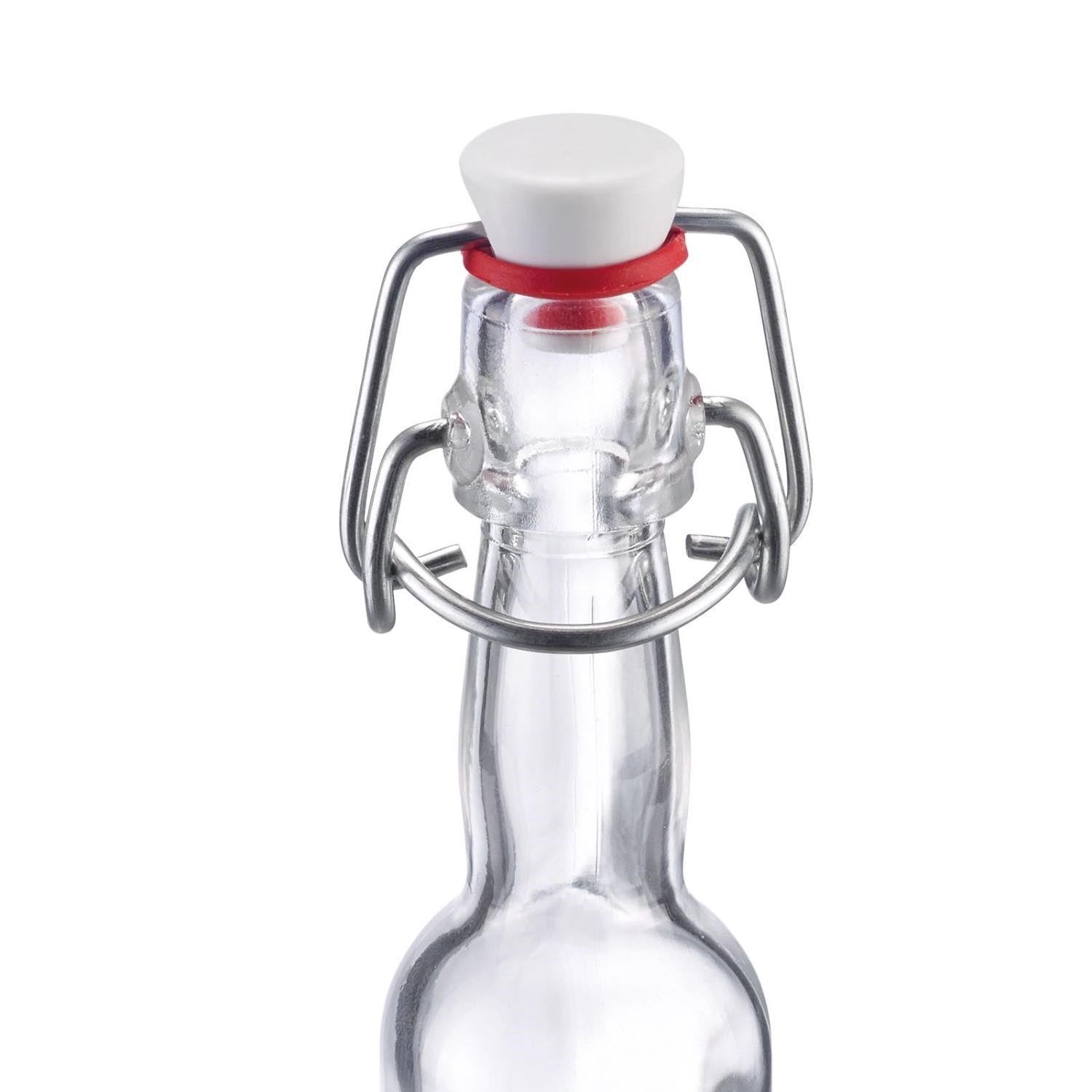Kleine, runde Glasflasche (40ml) mit Bügelverschluss, ideal für Saucen, Öle oder Liköre. Praktisch und vielseitig einsetzbar.