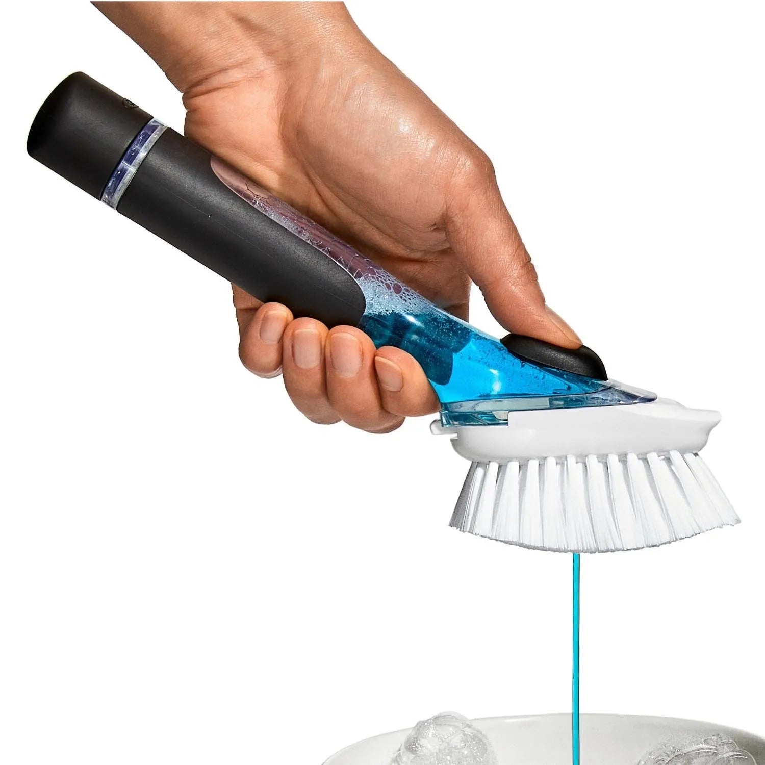 Die OXO Good Grips Bürste mit Seifenspender bietet komfortables Spülen mit integriertem Seifenbehälter und ergonomischem Griff.