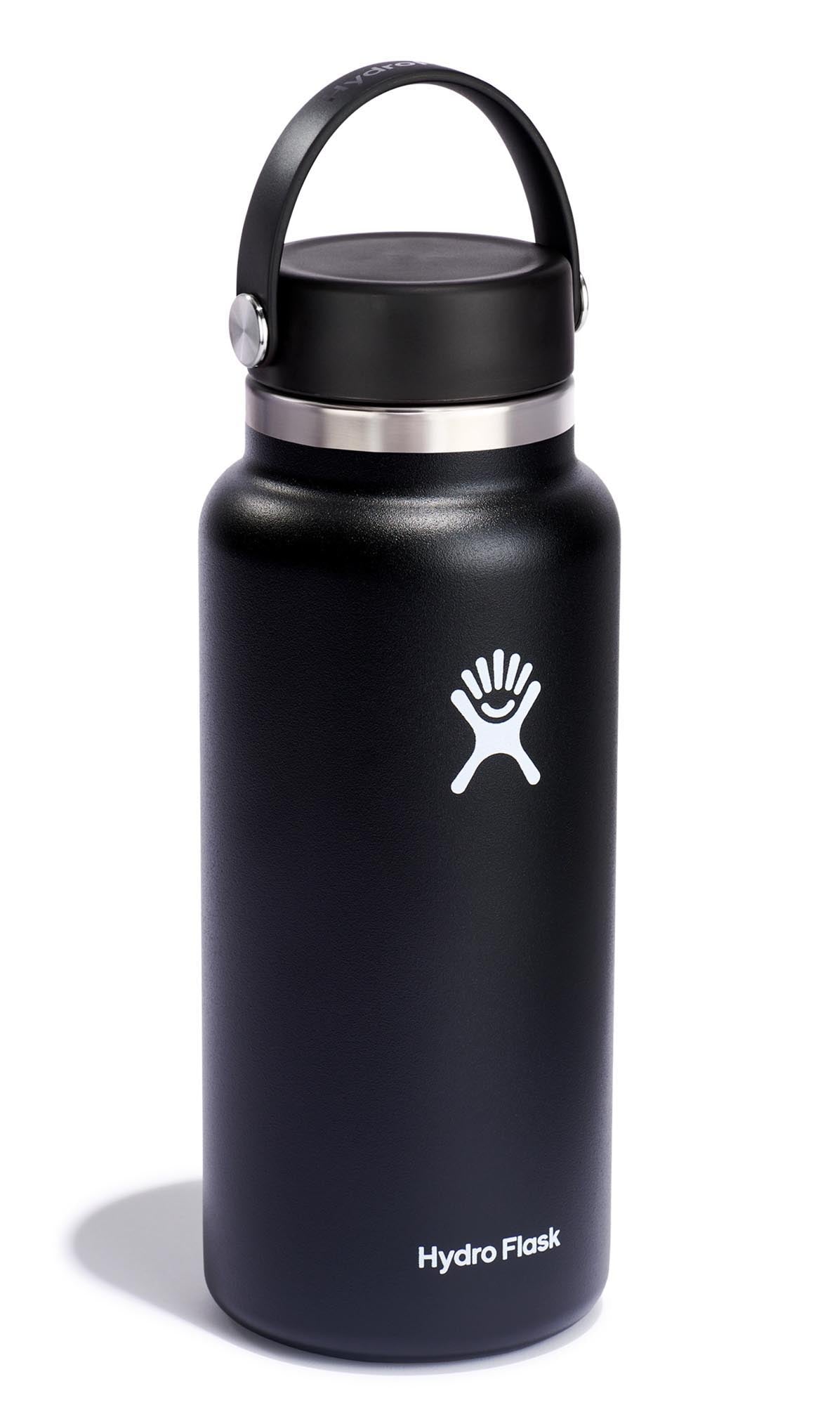Schwarze Hydro Flask Trinkflasche mit Wide Flex Deckel, 945ml, ideal für unterwegs und sportliche Aktivitäten, stilvolles Design.