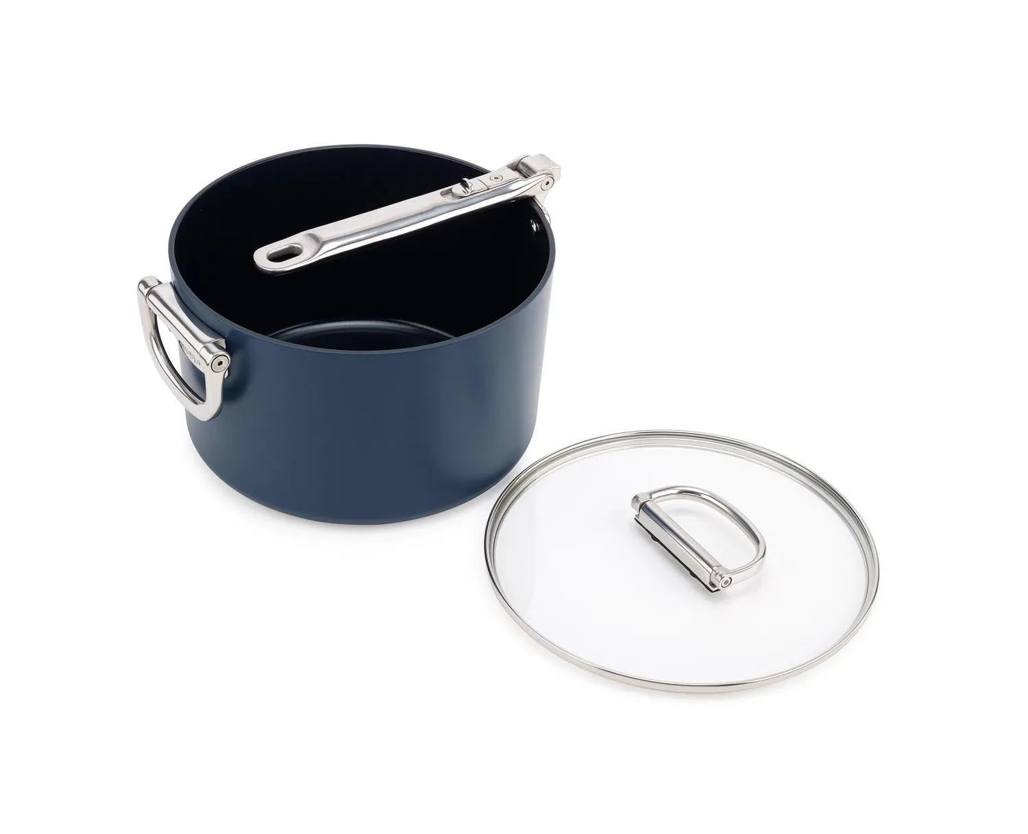 Space Stielkasserolle D23cm Griff klappbar mit Deckel in Silber präsentiert im Onlineshop von KAQTU Design AG. Pfanne/Topf ist von Joseph Joseph
