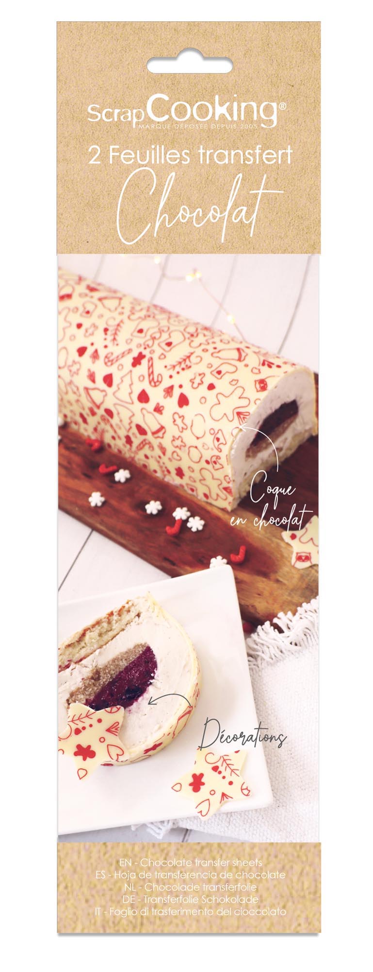 Zwei rote Transferbögen mit weihnachtlichen Motiven und Schokoladengeschmack, perfekt zum Dekorieren von Weihnachtsgebäck und Süßigkeiten.